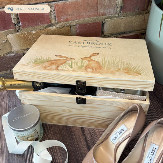 Large wooden pine memory/wedding/anniversary gift box featuring a dreamy watercolour illustration of two Hares side-by-side, perfect for celebrating a lasting bond.  perfect keepsake filled with special treats for a special day