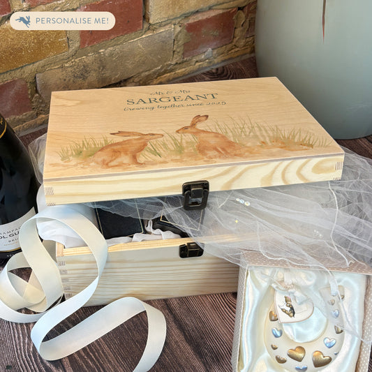 Medium wooden pine memory/wedding/anniversary gift box featuring a dreamy watercolour illustration of two Hares side-by-side, perfect for celebrating a lasting bond. 
