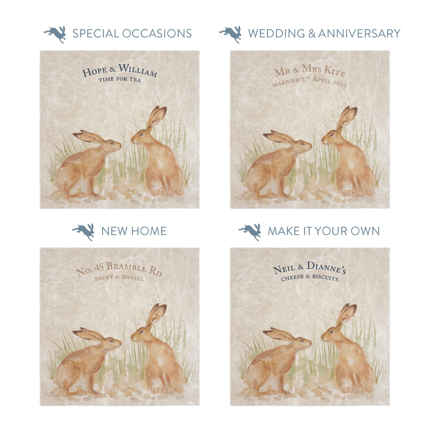 Collection of large marble platters showing the personalisation options available for all occasions including birthdays, weddings, anniversaries and new home gifts.