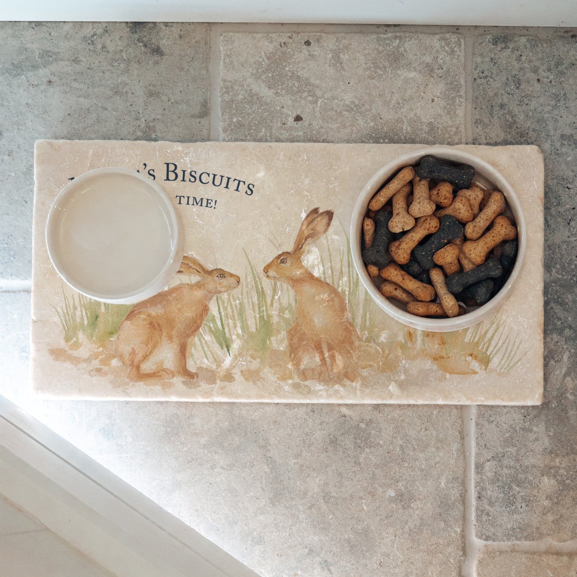 A personalised marble sharing platter with a hare watercolour design. Create a personalised serving platter, trivet or cheeseboard as a luxury gift.