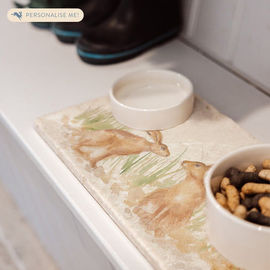 A marble sharing platter with a watercolour hare design. The platter is being used as a mat for pet food and water bowls.