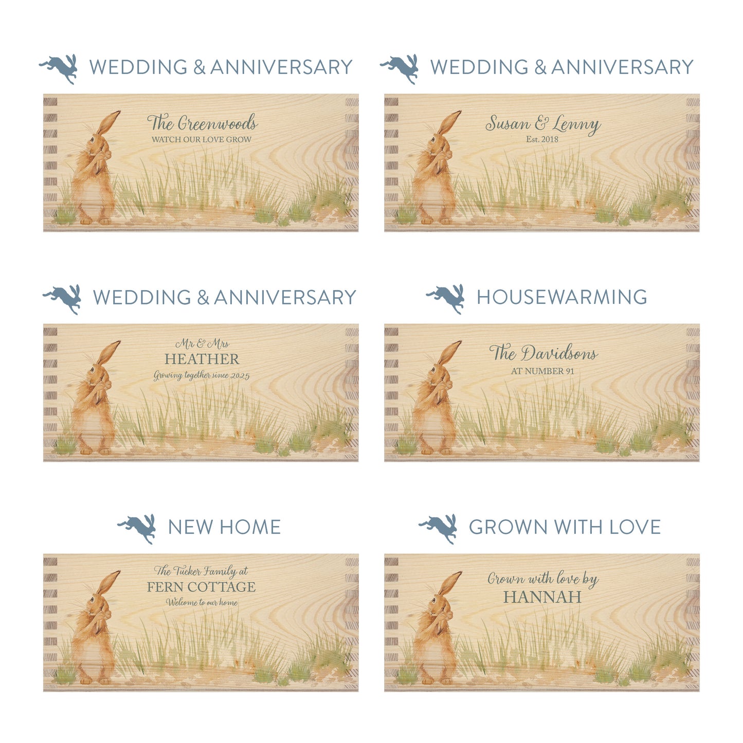 Personalised phrase options for a rectangle wooden planter box with a watercolour design of the humble hare in grass. Choose your phrase to suit any occasion including birthday, wedding, anniversary, engagement, and new home.