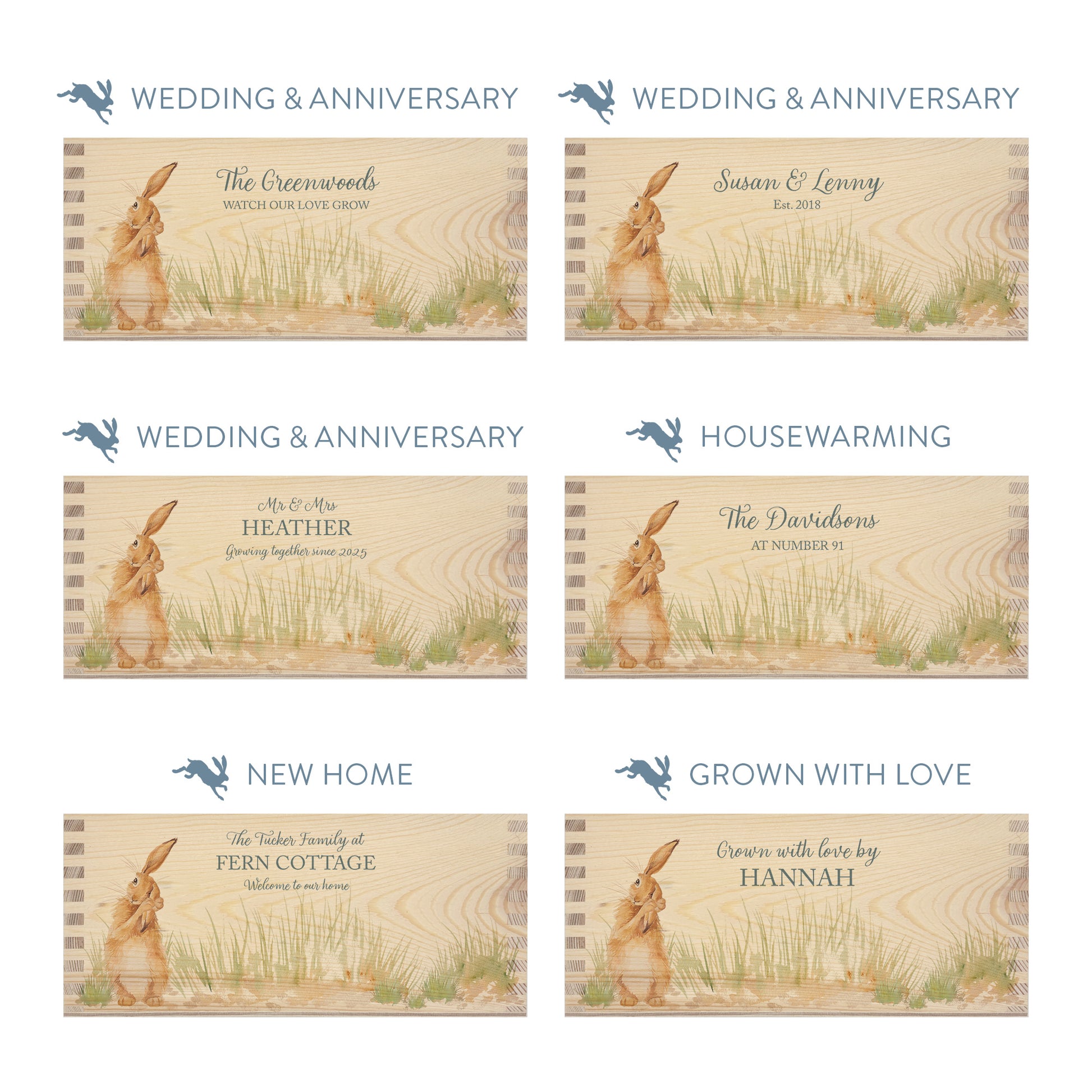 Personalised phrase options for a rectangle wooden planter box with a watercolour design of the humble hare in grass. Choose your phrase to suit any occasion including birthday, wedding, anniversary, engagement, and new home.