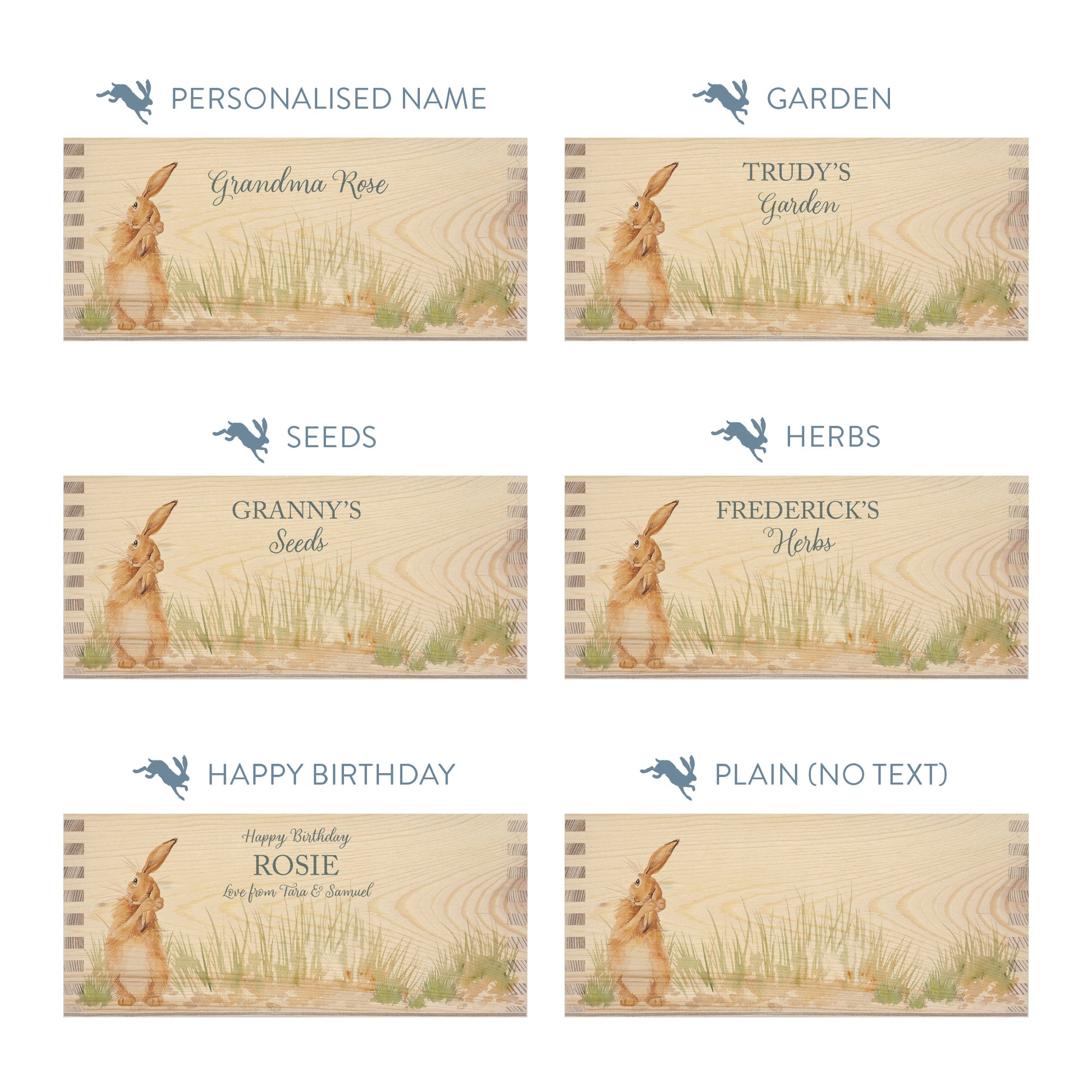 Personalised phrase options for a rectangle wooden planter box with a watercolour design of the humble hare in grass. Choose your phrase to suit any occasion including birthday, wedding, anniversary, engagement, and new home.