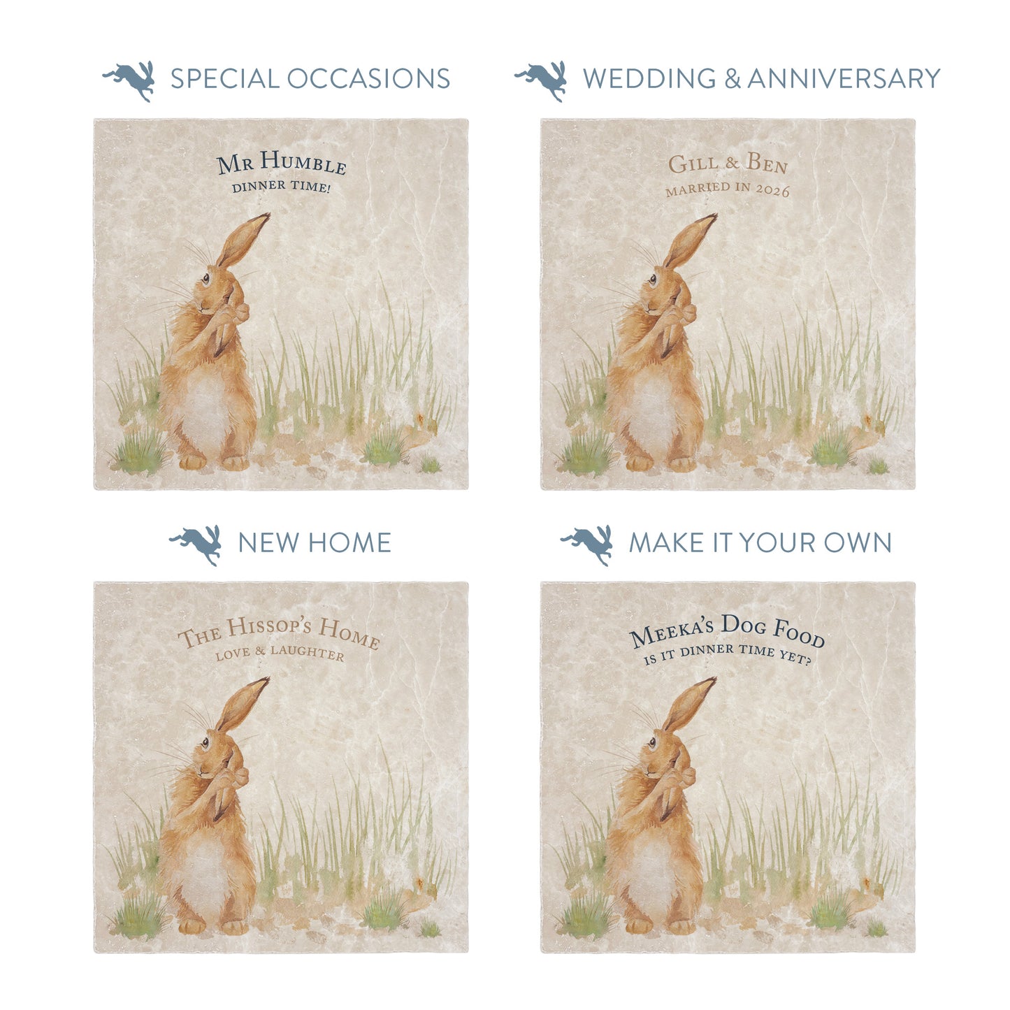 Collection of large marble platters showing the personalisation options available for all occasions including birthdays, weddings, anniversaries and new home gifts.