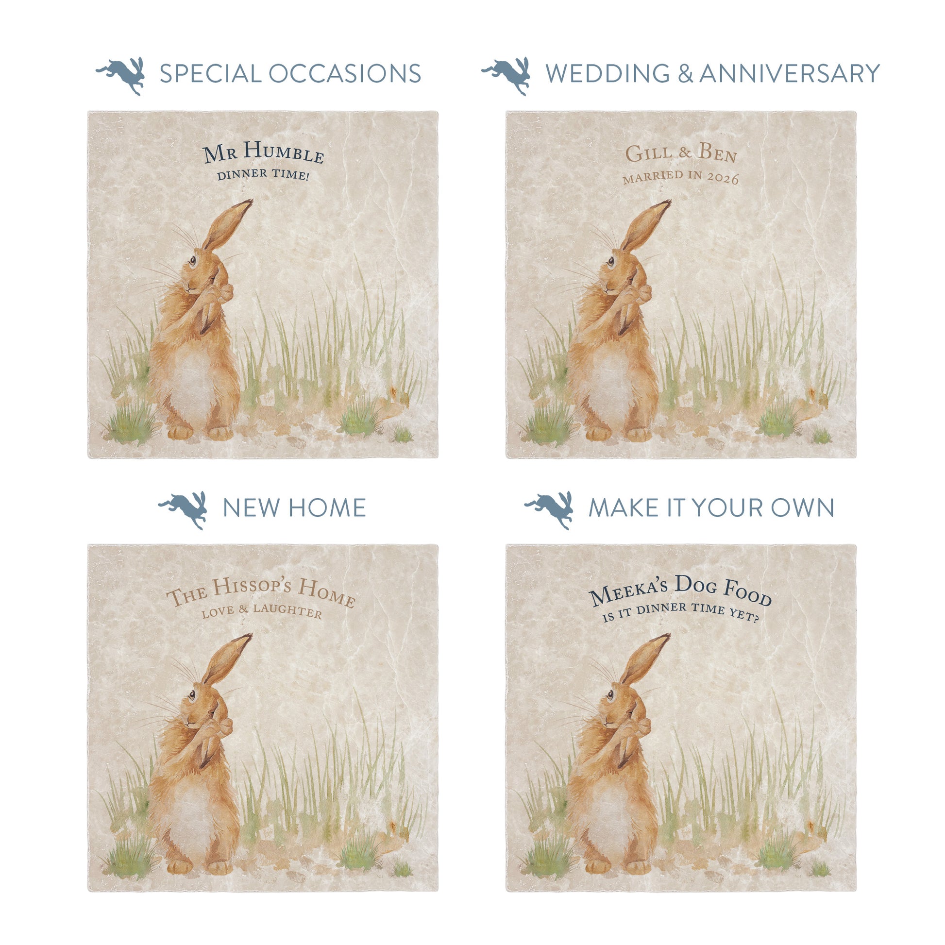 Collection of large marble platters showing the personalisation options available for all occasions including birthdays, weddings, anniversaries and new home gifts.