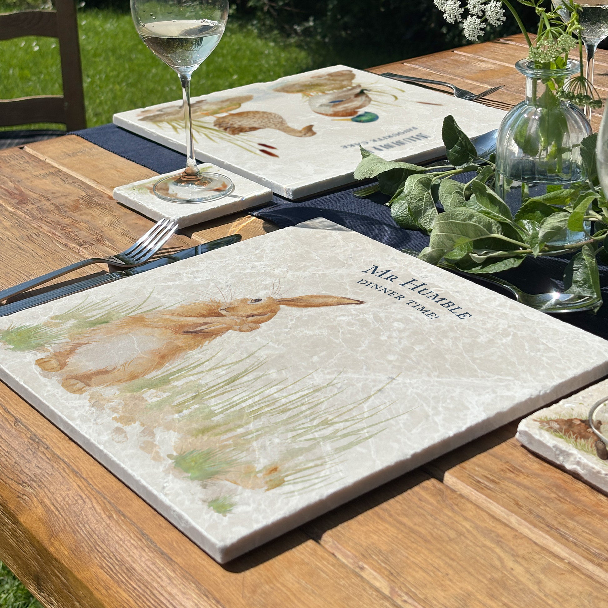 A personalised marble large platter with a countryside hare watercolour design. Create a personalised placemat, serving platter, trivet or cheeseboard as a luxury gift.