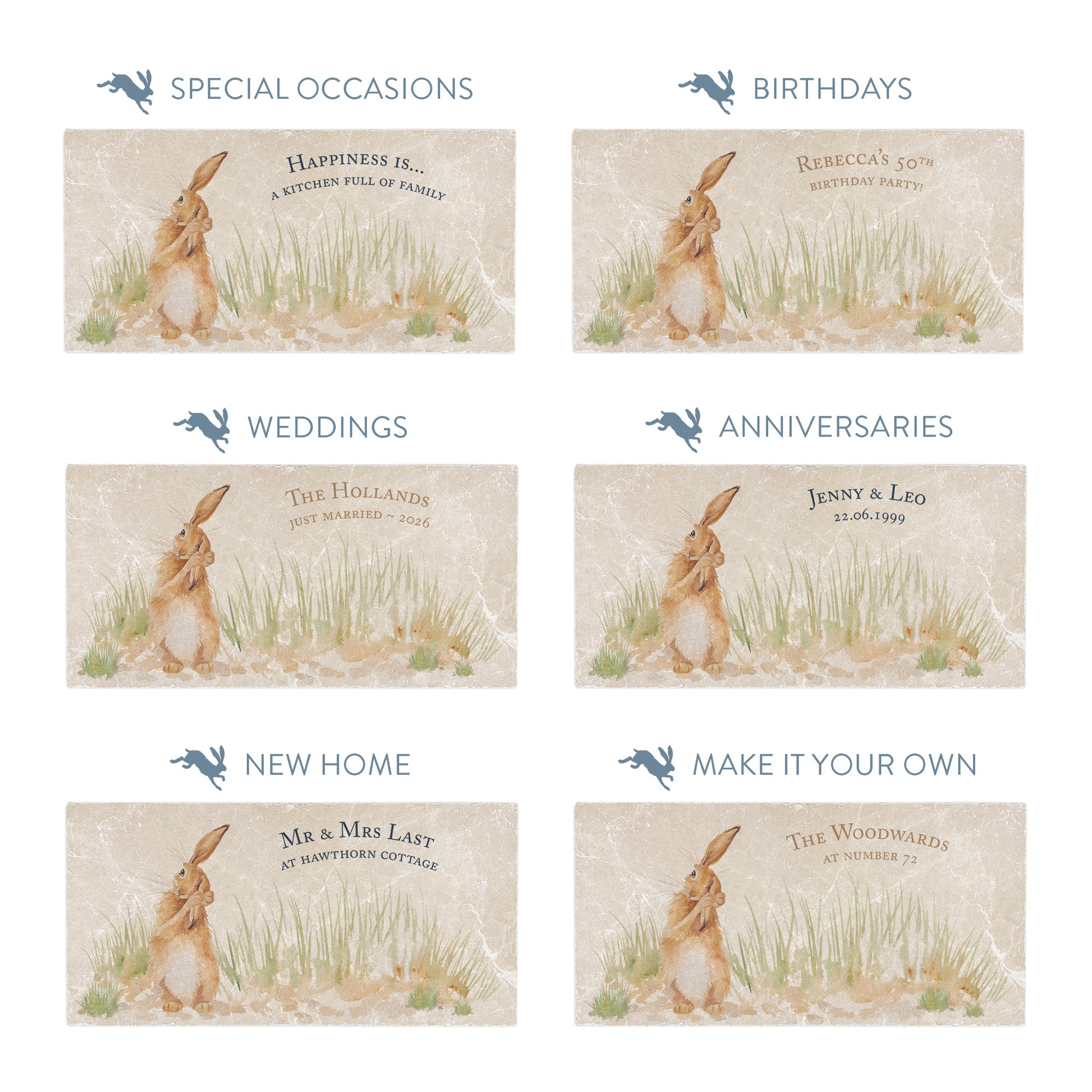 Collection of marble sharing platters showing the personalisation options available for all occasions including birthdays, weddings, anniversaries and new home gifts.