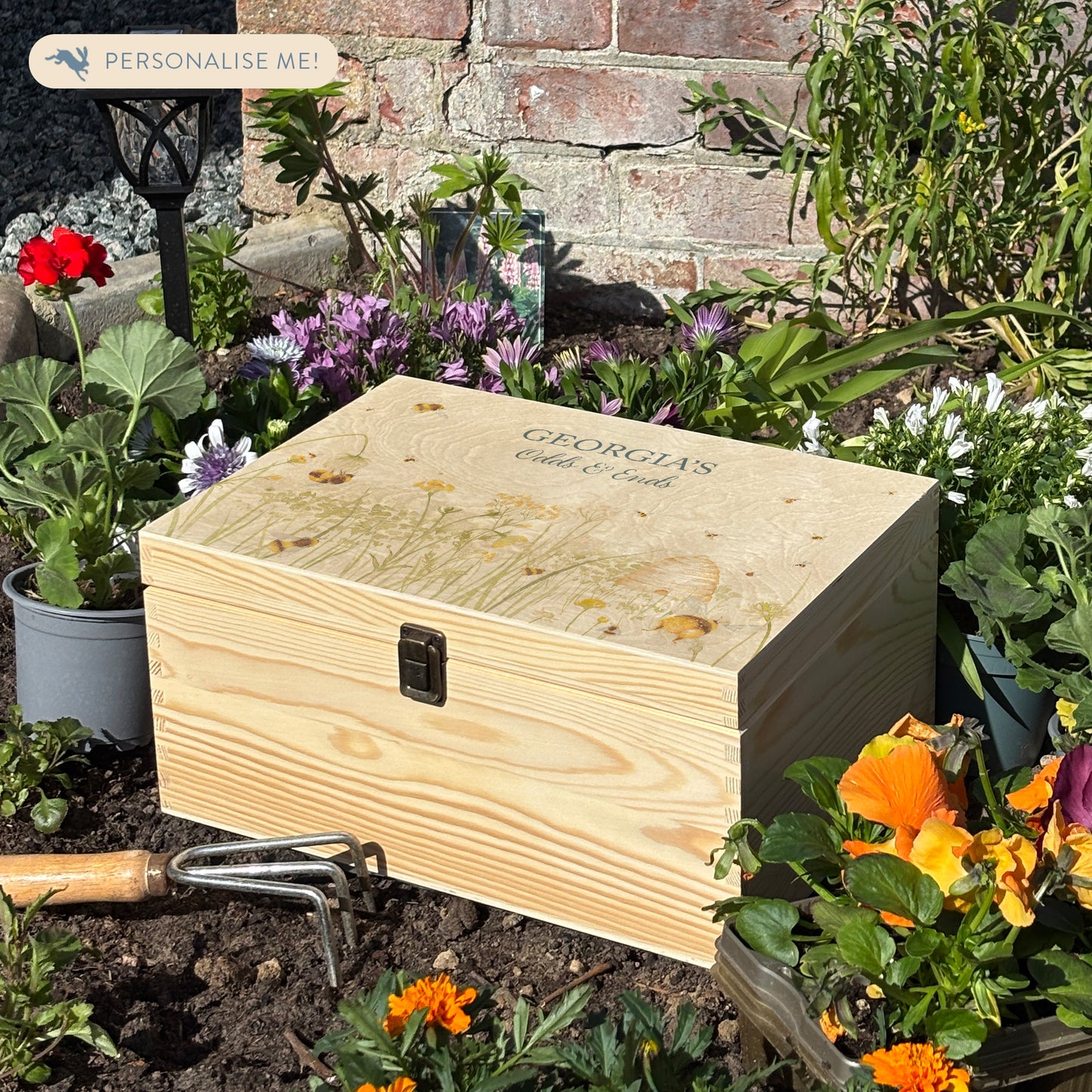 Large wooden pine gift box, The perfect Personalised keepsake, memory box, storage box with lots of Buzzing Bees in a buttercup meadow with an old fashioned bee skep, this gorgeous design is in our classic  gentle watercolour style. Perfect for the OCD person to get organised, ideal storage solutions 