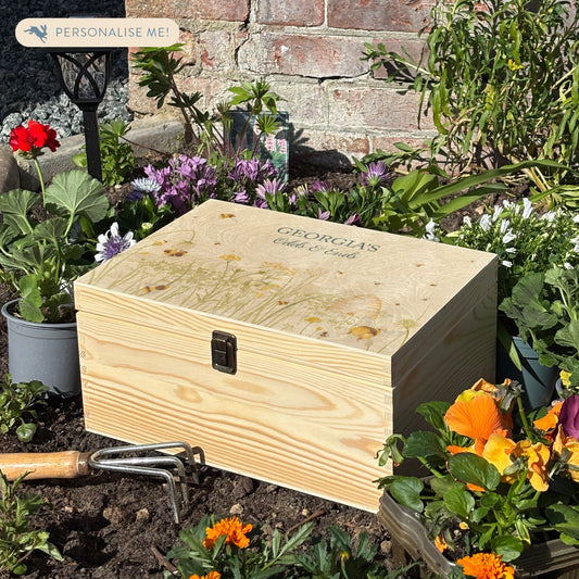 Large wooden pine gift box, The perfect Personalised keepsake, memory box, storage box with lots of Buzzing Bees in a buttercup meadow with an old fashioned bee skep, this gorgeous design is in our classic  gentle watercolour style. Perfect for the OCD person to get organised, ideal storage solutions 