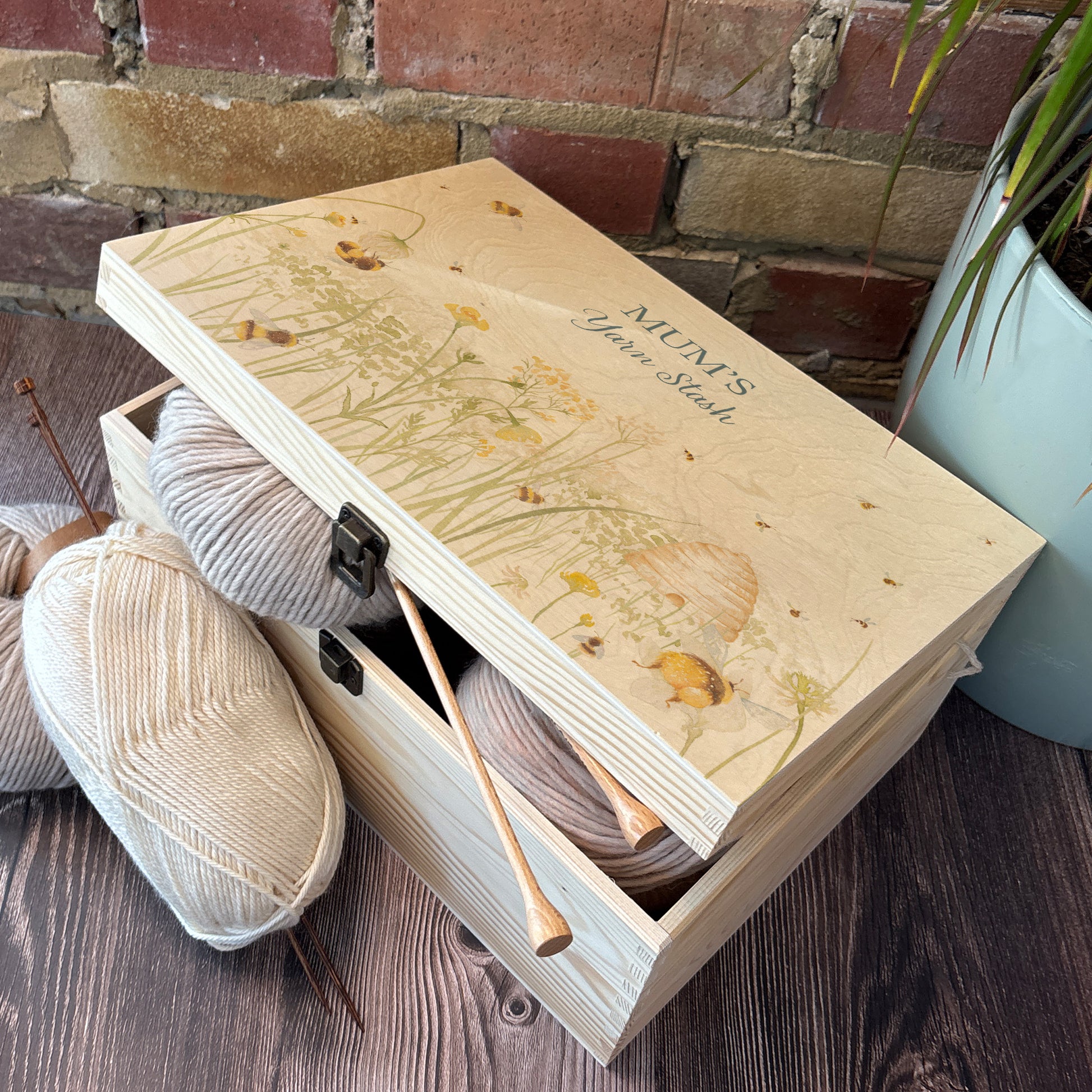 Large wooden pine gift box, The perfect Personalised keepsake, memory box, storage box with lots of Buzzing Bees in a buttercup meadow with an old fashioned bee skep, this gorgeous design is in our classic  gentle watercolour style. Perfect for the OCD person to get organised, ideal storage solutions 