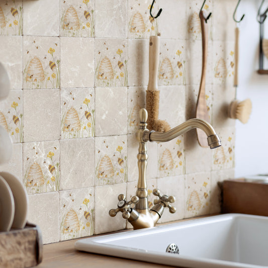 Buzzy Bees resting in the flower meadow before heading back to their hive nestled away deep withing the meadow. Beautiful splashback tiles for the kitchen. 