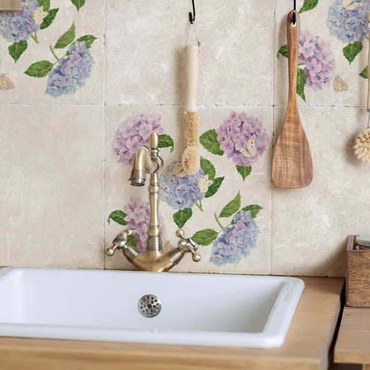 Watercolour Hydrangea wall tile with Butterflies resting on their petals.  
