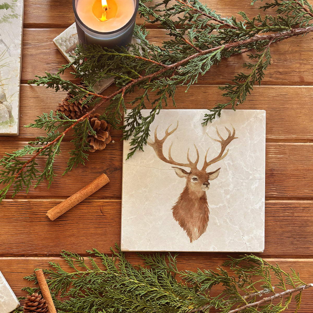 A square medium marble platter featuring a watercolour portrait of a majestic stag.