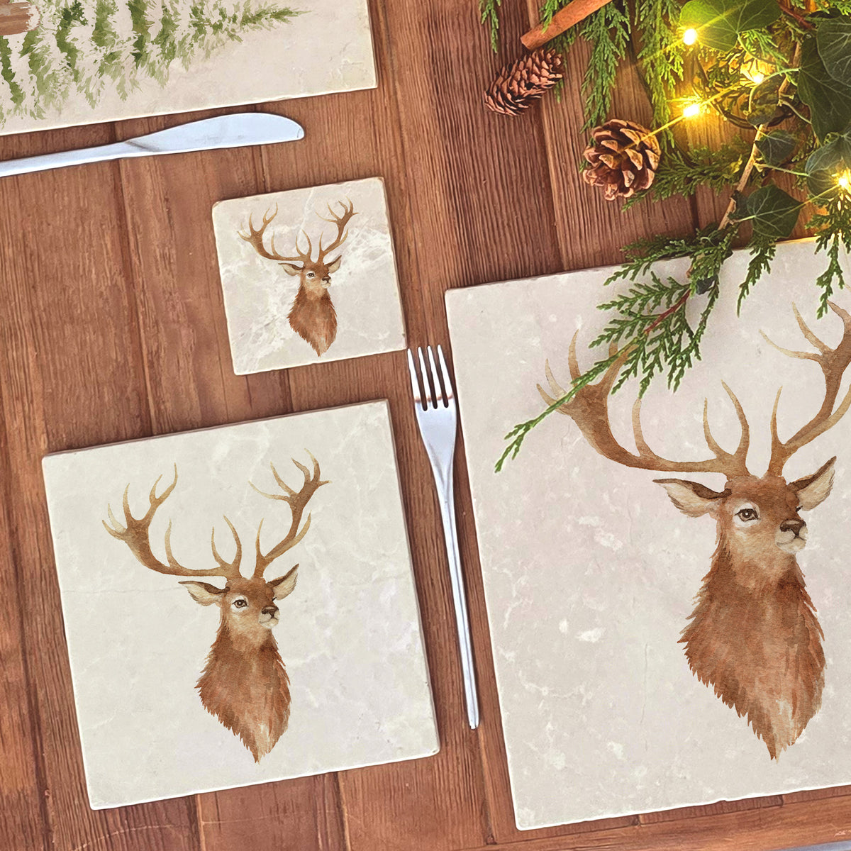 A square medium marble platter featuring a watercolour portrait of a majestic stag.