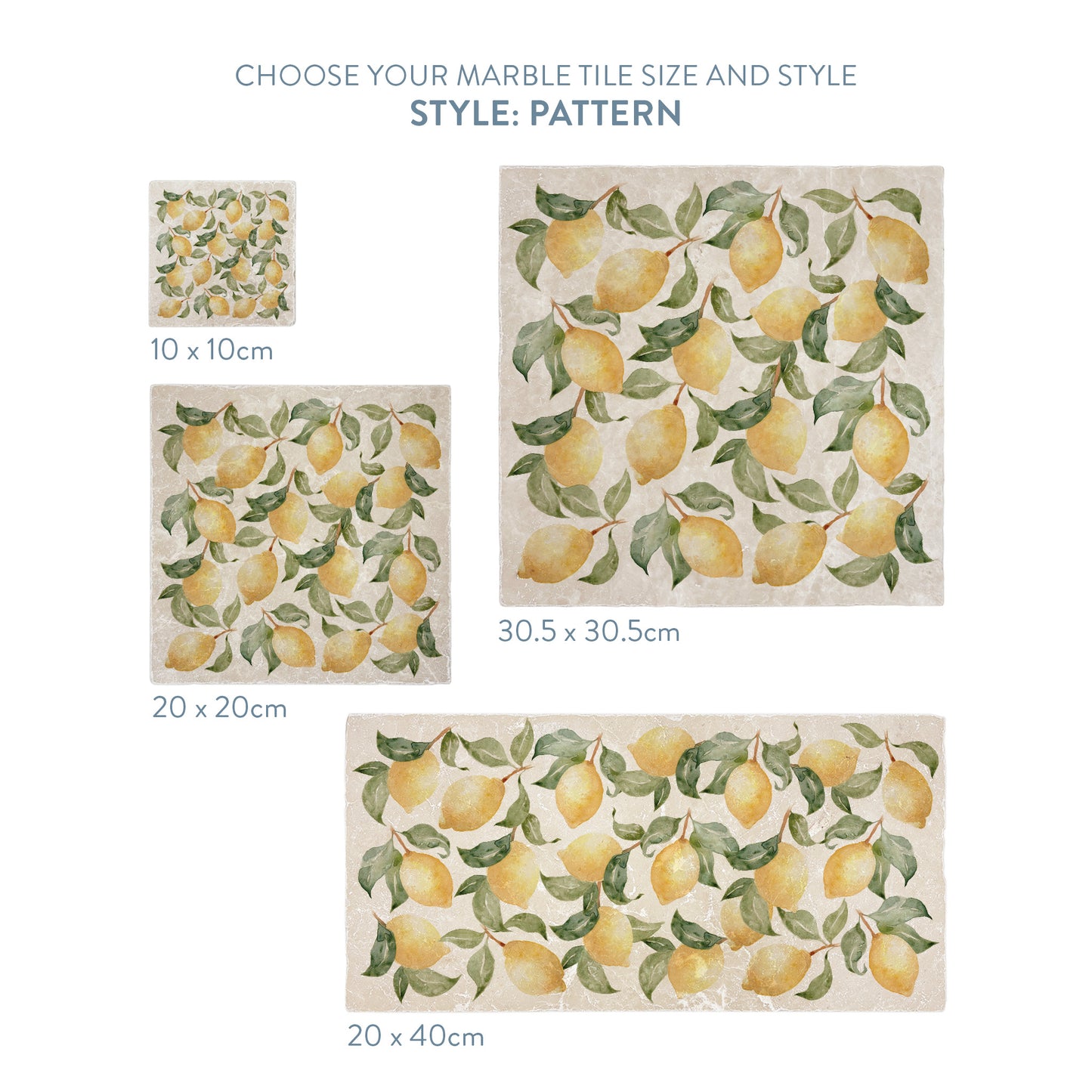 A selection of marble splashback tiles with a lemon pattern design, the tiles are available in 4 sizes.