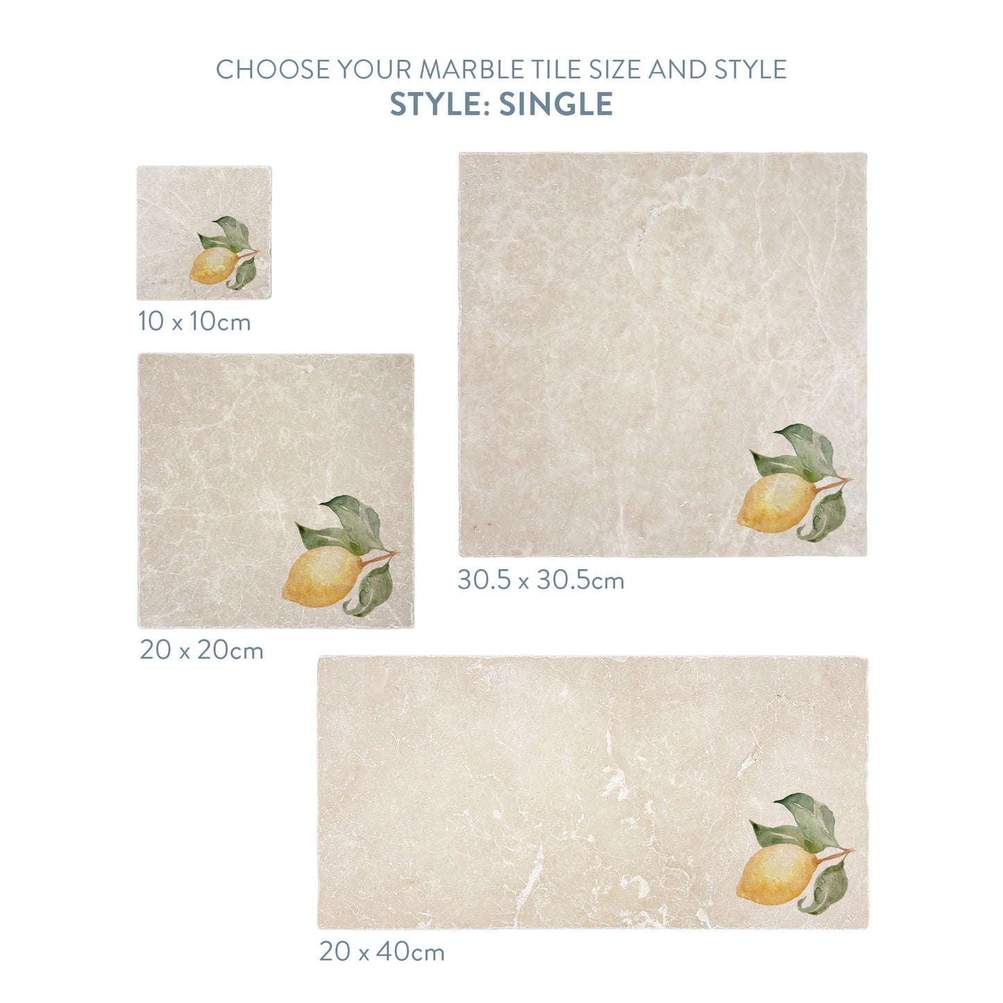 A selection of marble splashback tiles with a single lemon motif, the tiles are available in 4 sizes.