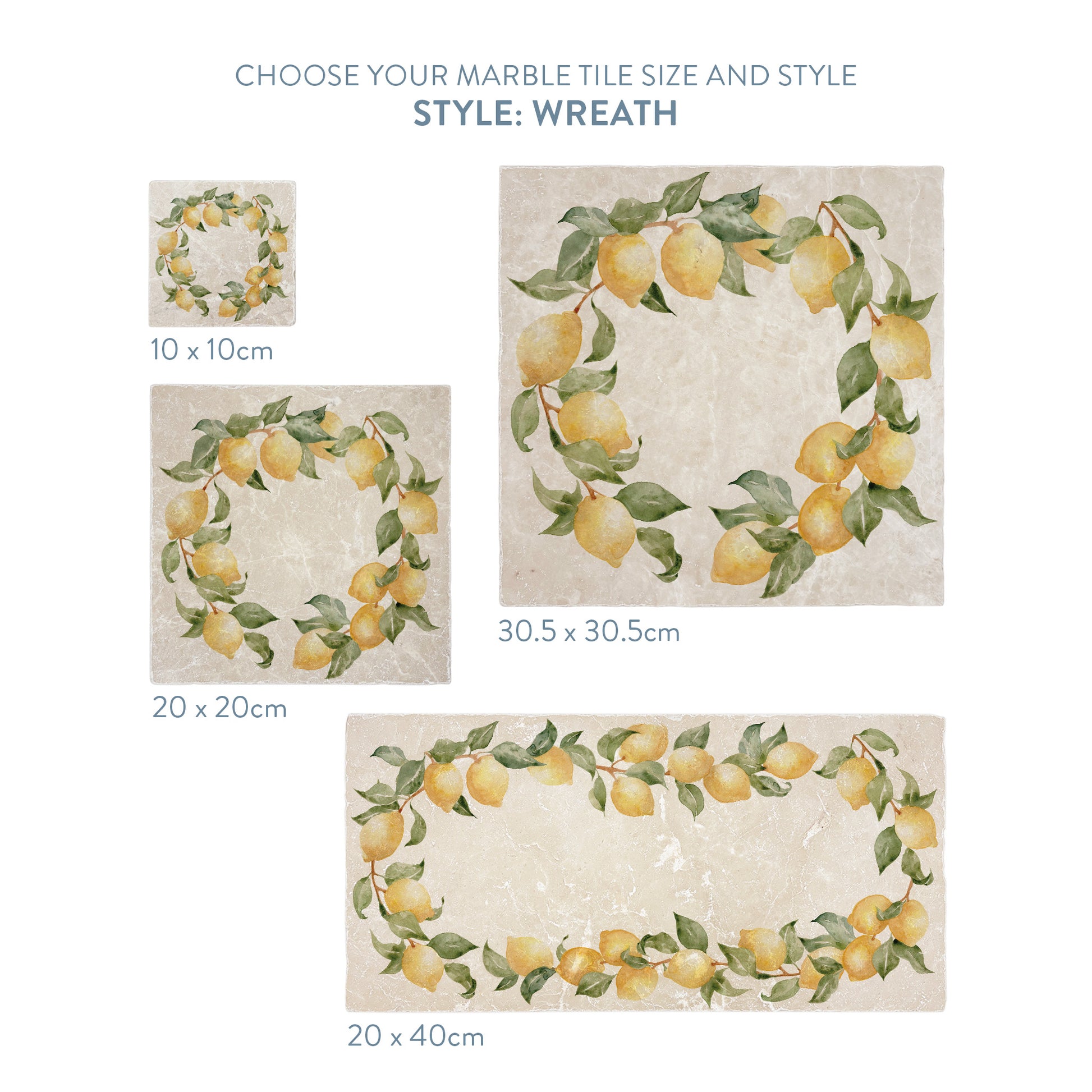 A selection of marble splashback tiles with a lemon wreath motif, the tiles are available in 4 sizes.
