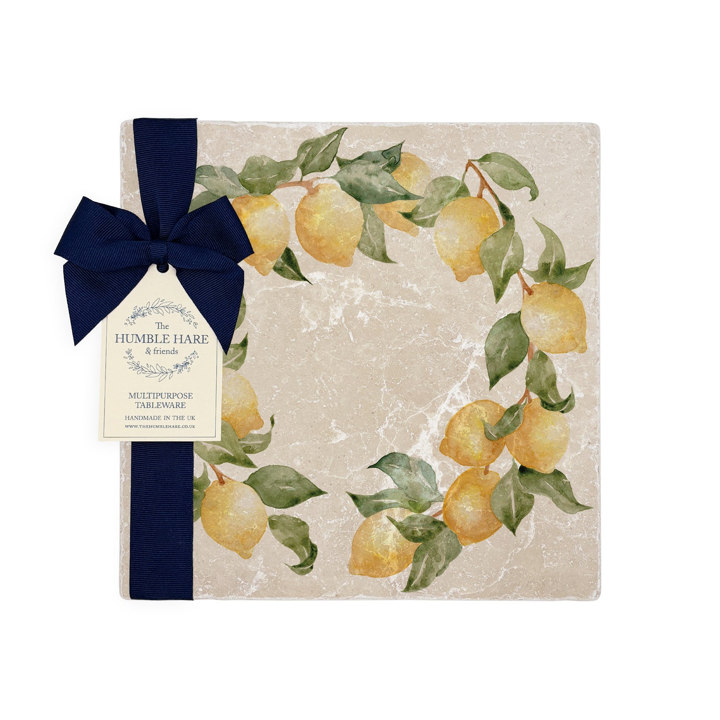 A medium multipurpose marble platter with a watercolour lemon design, perfect summer Mediterranean vibe.