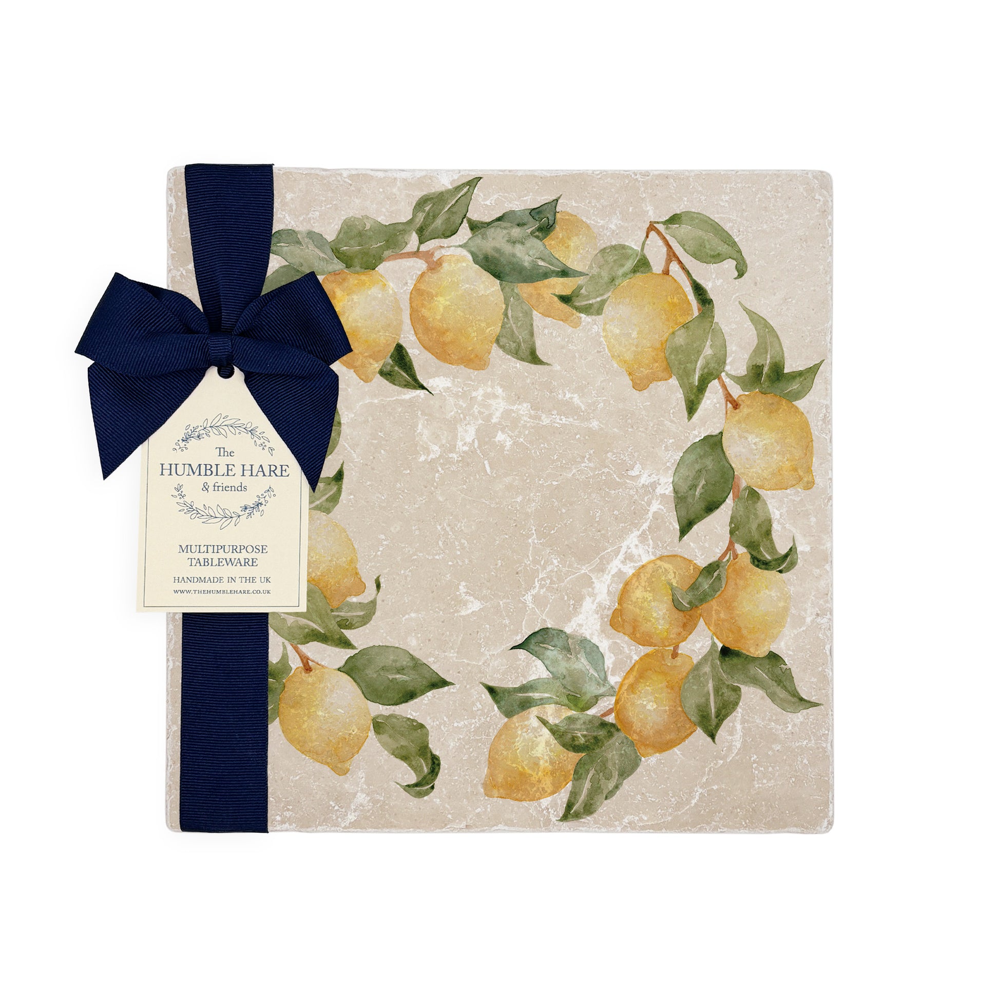 A medium multipurpose marble platter with a watercolour lemon design, perfect summer Mediterranean vibe.