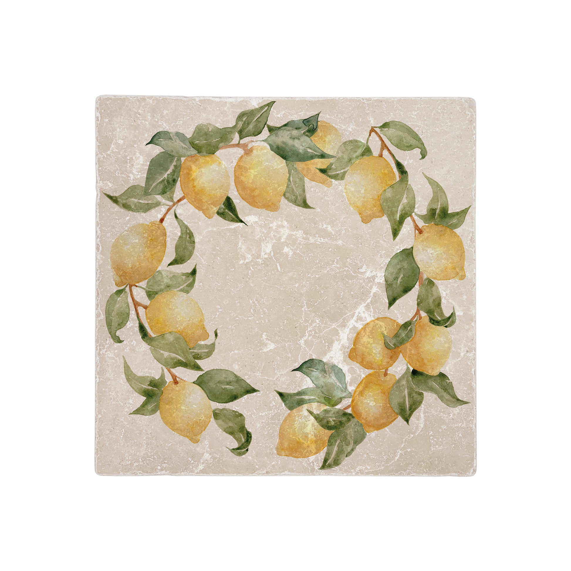 A medium multipurpose marble platter with a watercolour lemon design, perfect summer Mediterranean vibe.
