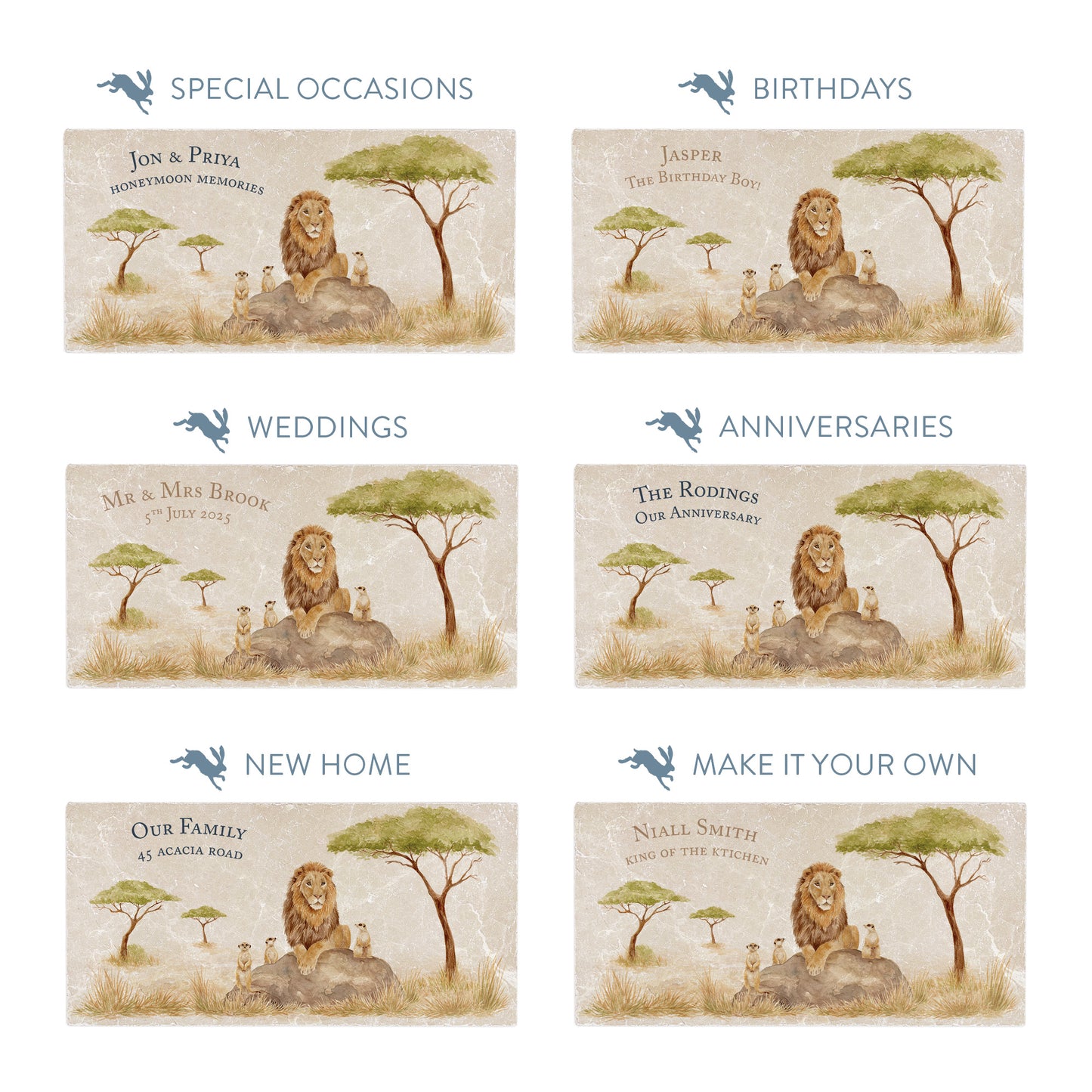 Collection of marble sharing platters showing the personalisation options available for all occasions including birthdays, weddings, anniversaries and new home gifts.