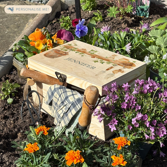 Medium wooden pine gift box, The perfect Personalised keepsake, memory box, storage box with  some mischievous mice playing on a wooden shelf filled with gardening tools and plant pots, there is also a small snail on the shelf. The design  features our classic gentle watercolour style. storage solutions, easy stacker, memorabilia 