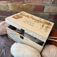 Medium wooden pine gift box, The perfect Personalised keepsake, memory box, storage box with  some mischievous mice playing on a wooden shelf filled with gardening tools and plant pots, there is also a small snail on the shelf. The design  features our classic gentle watercolour style. storage solutions, easy stacker, memorabilia 
