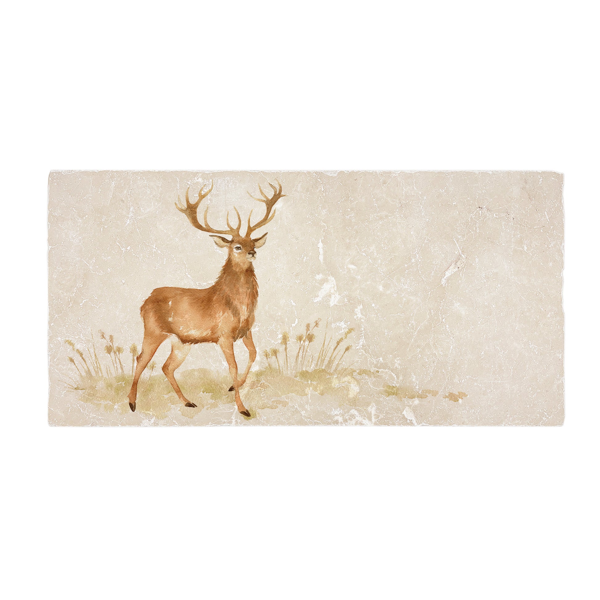 A handmade 20x40cm marble splashback tile featuring a watercolour design of a majestic stag.