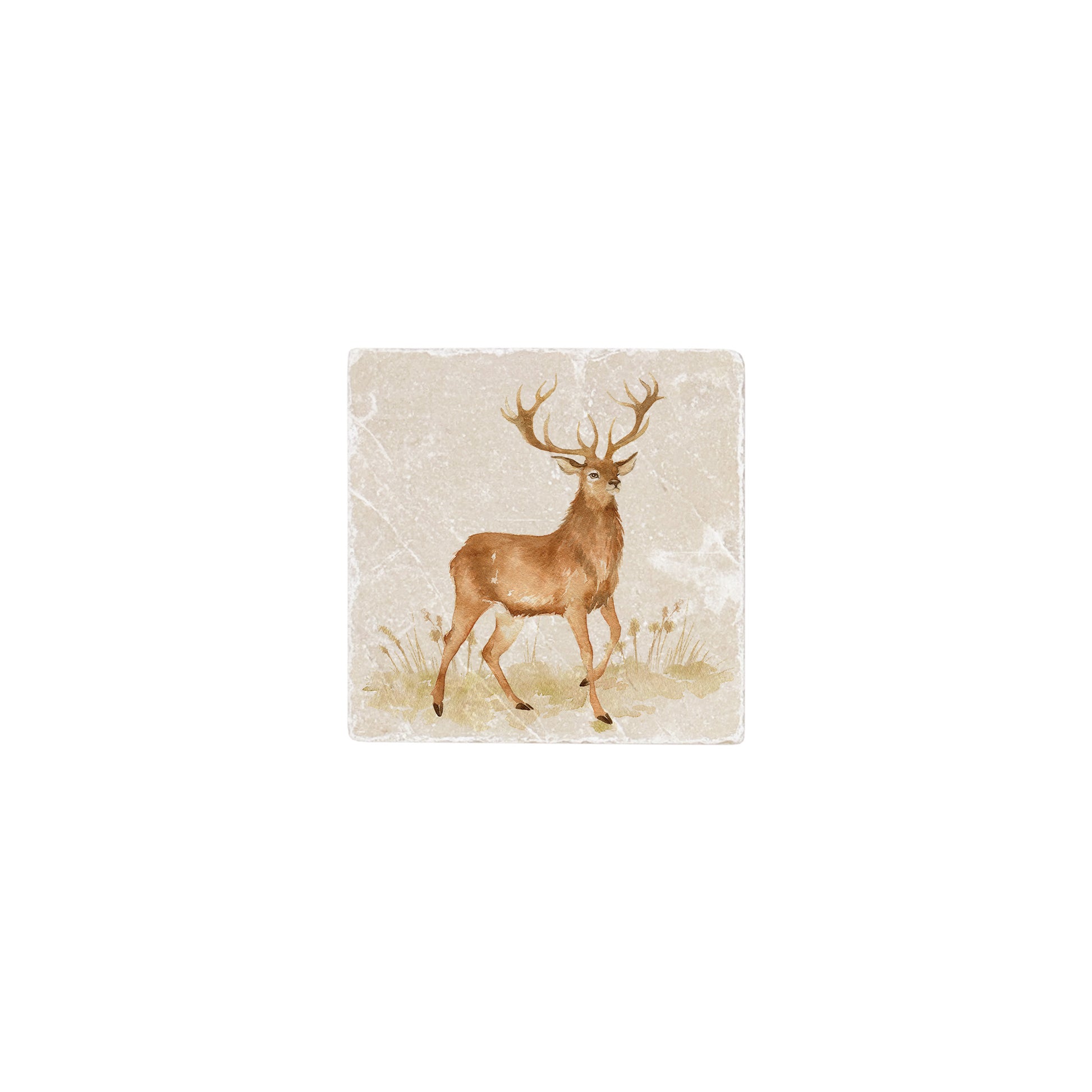 A handmade 10x10cm marble splashback tile featuring a watercolour design of a majestic stag.
