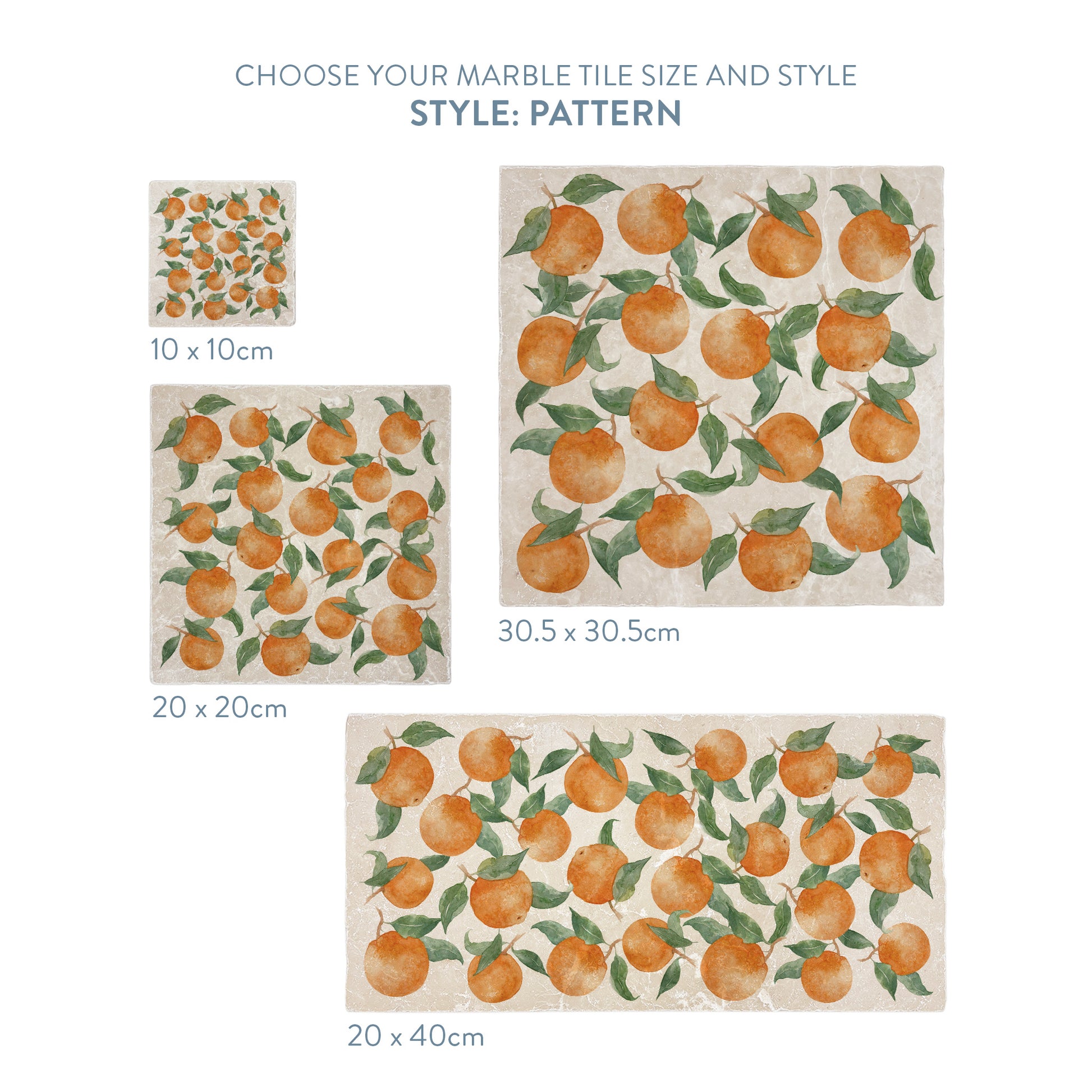 A selection of marble splashback tiles with an orange pattern, the tiles are available in 4 sizes.