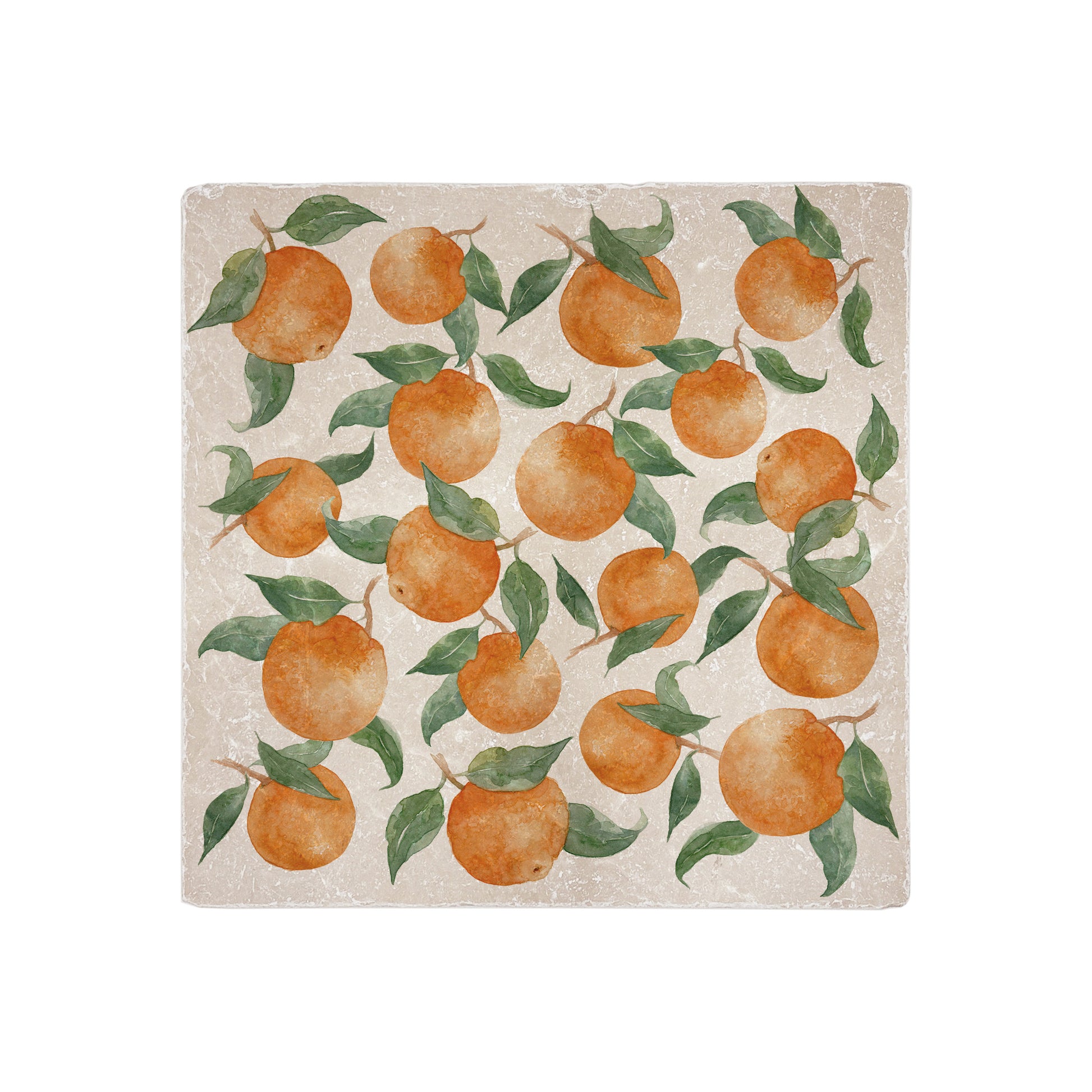 A medium square multipurpose marble platter, featuring a watercolour design with a pattern of oranges with leaves.