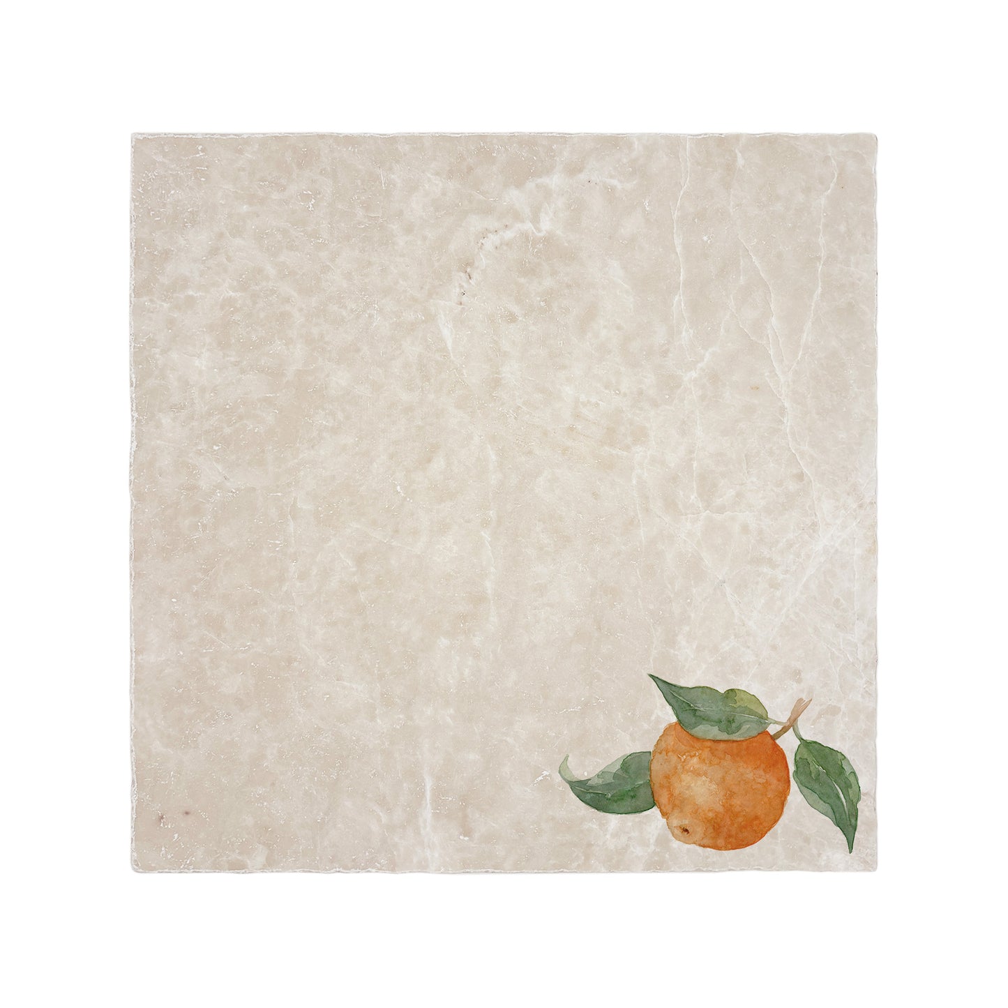A large multipurpose marble platter with a minimalistic fruit watercolour orange design. great Mediterranean vibe