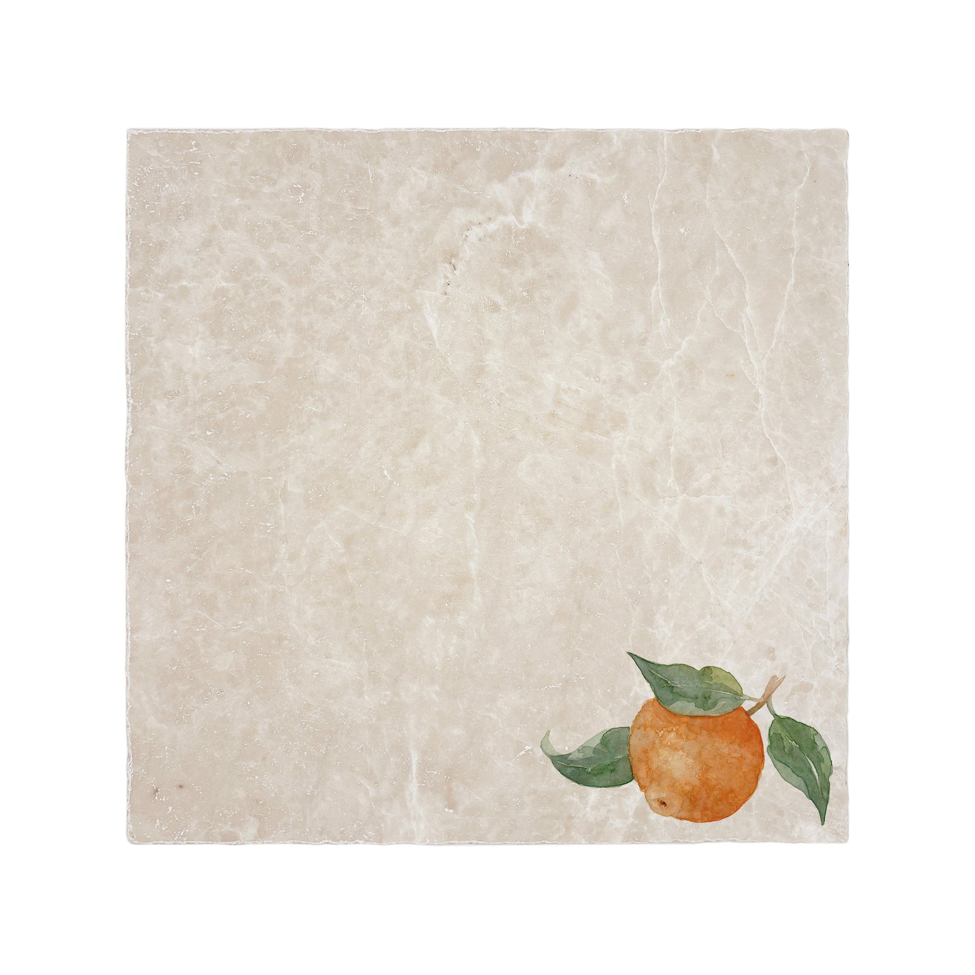 A large multipurpose marble platter with a minimalistic fruit watercolour orange design. great Mediterranean vibe