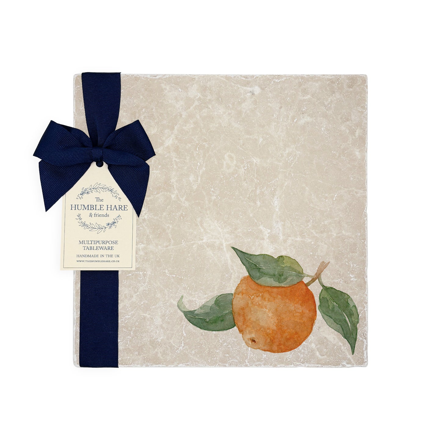 A medium square multipurpose marble platter, featuring a watercolour design of a single orange with leaves.