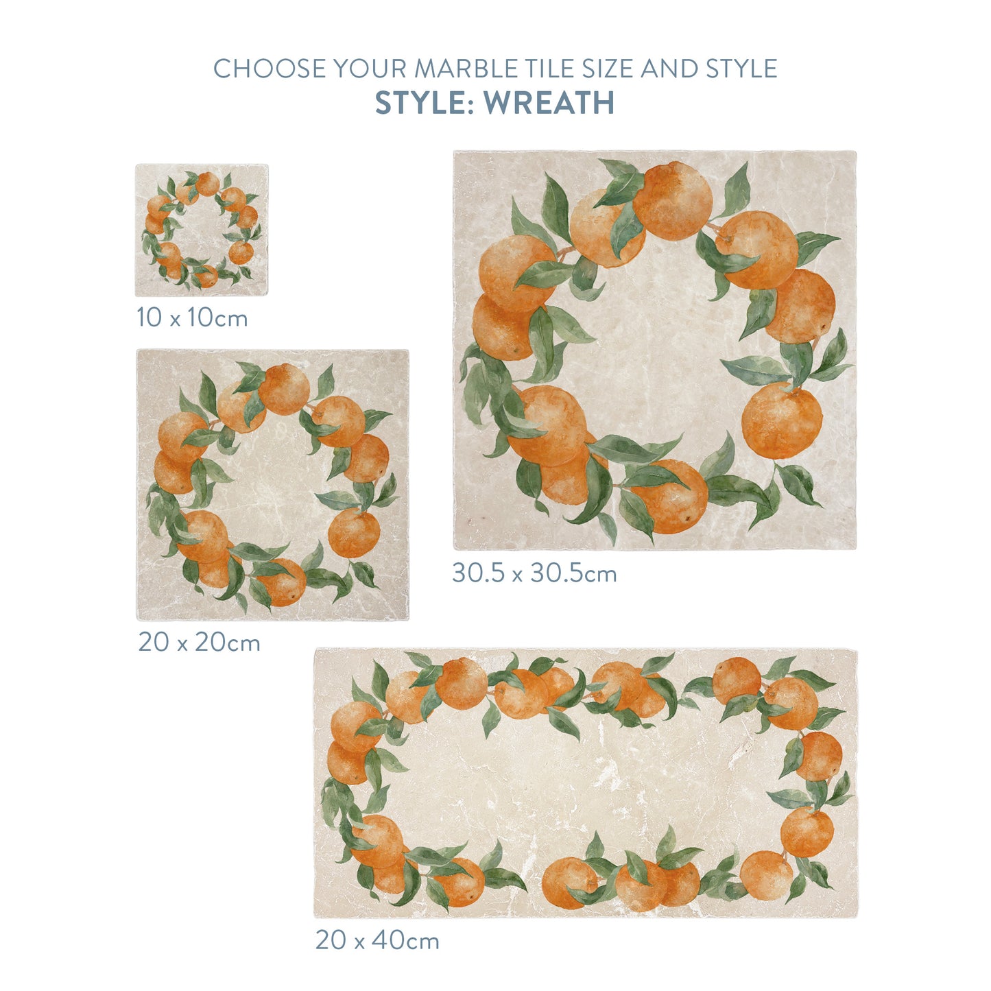 A selection of marble splashback tiles with an orange wreath design, the tiles are available in 4 sizes.