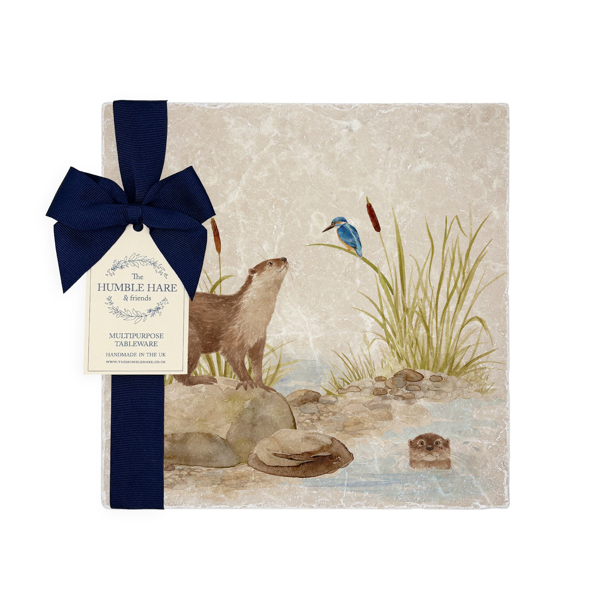 Otter and Kingfisher down by the Riverbank watercolour design on our natural marble stone platter. Perfect worktop saver.  Finished with a beautiful blue ribbon
