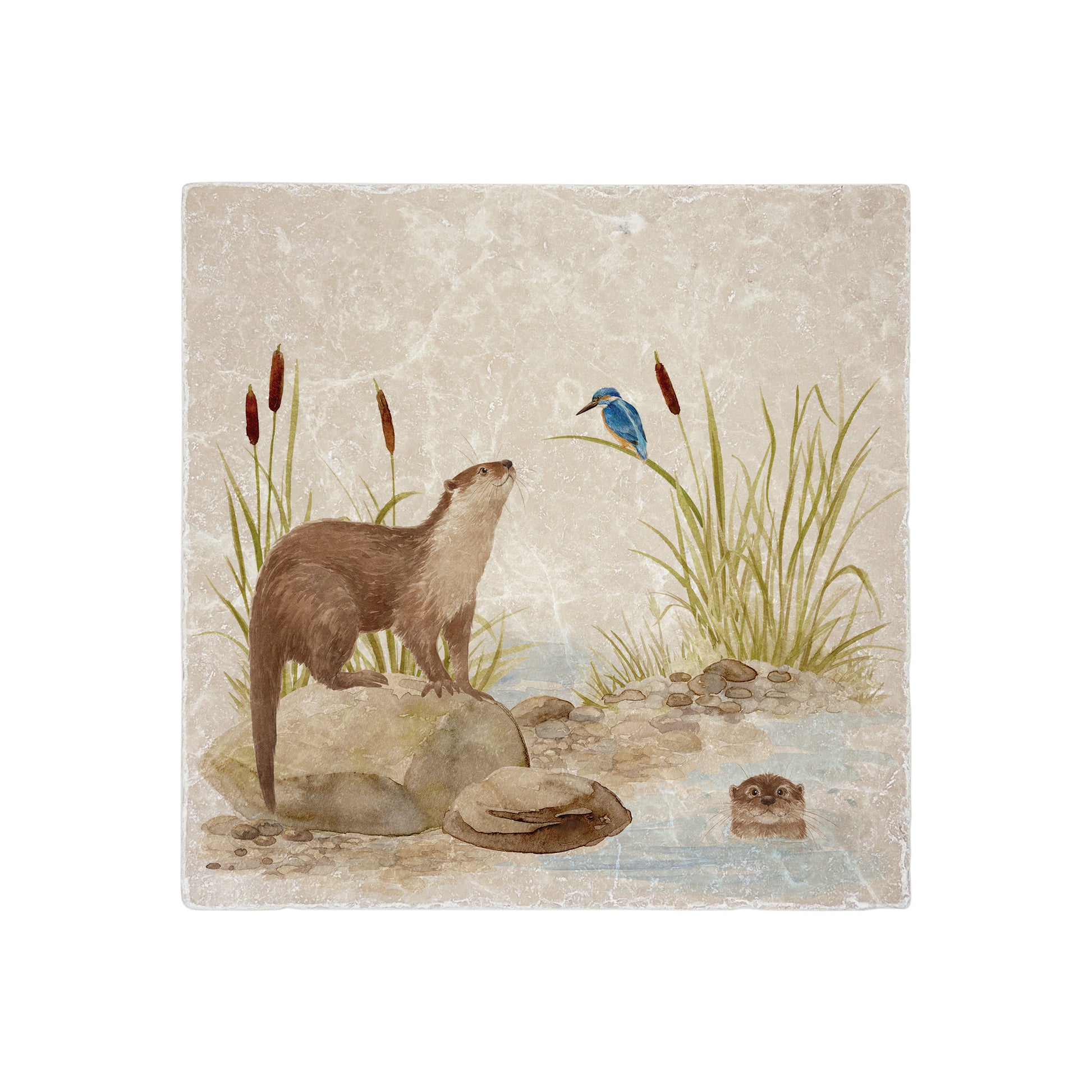 Otter and Kingfisher down by the Riverbank watercolour design on our natural marble stone platter. Perfect worktop saver. 