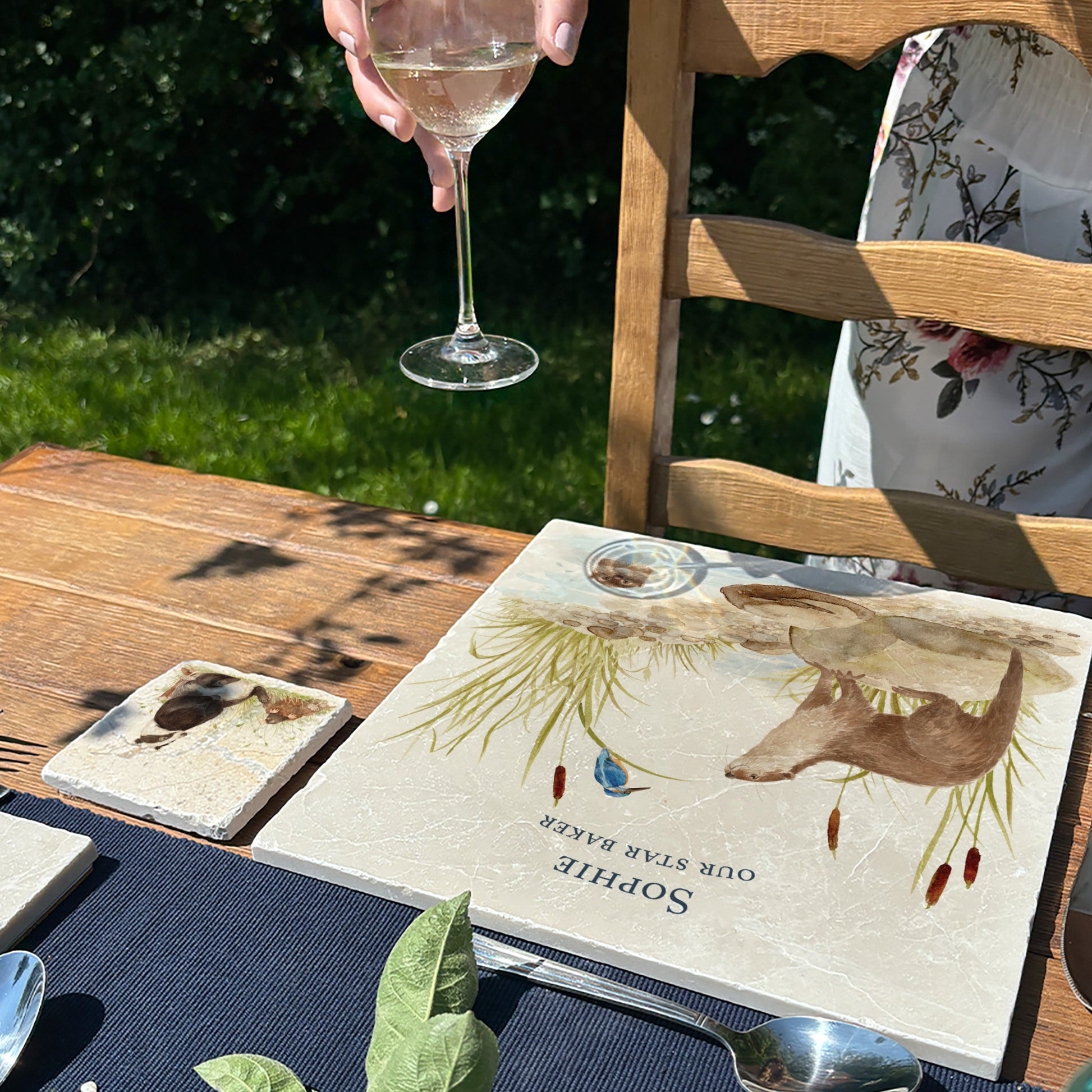A personalised marble large platter with a otter and kingfisher by the riverbank watercolour design. Create a personalised placemat, serving platter, trivet or cheeseboard as a luxury gift.