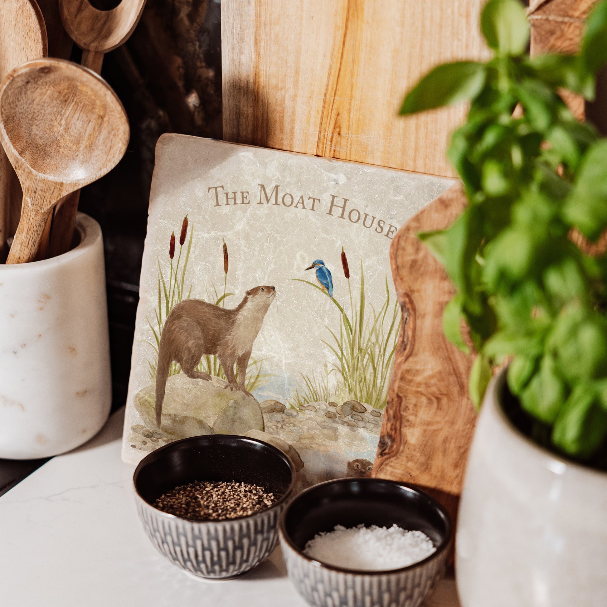 Otter and Kingfisher down by the Riverbank watercolour design on our natural marble stone platter. Perfect worktop saver and showing how our platters can be personalised. 