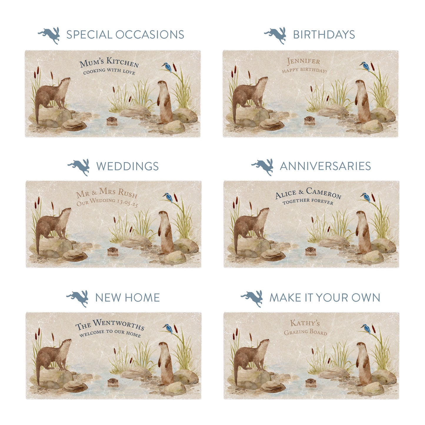 Collection of marble sharing platters showing the personalisation options available for all occasions including birthdays, weddings, anniversaries and new home gifts.