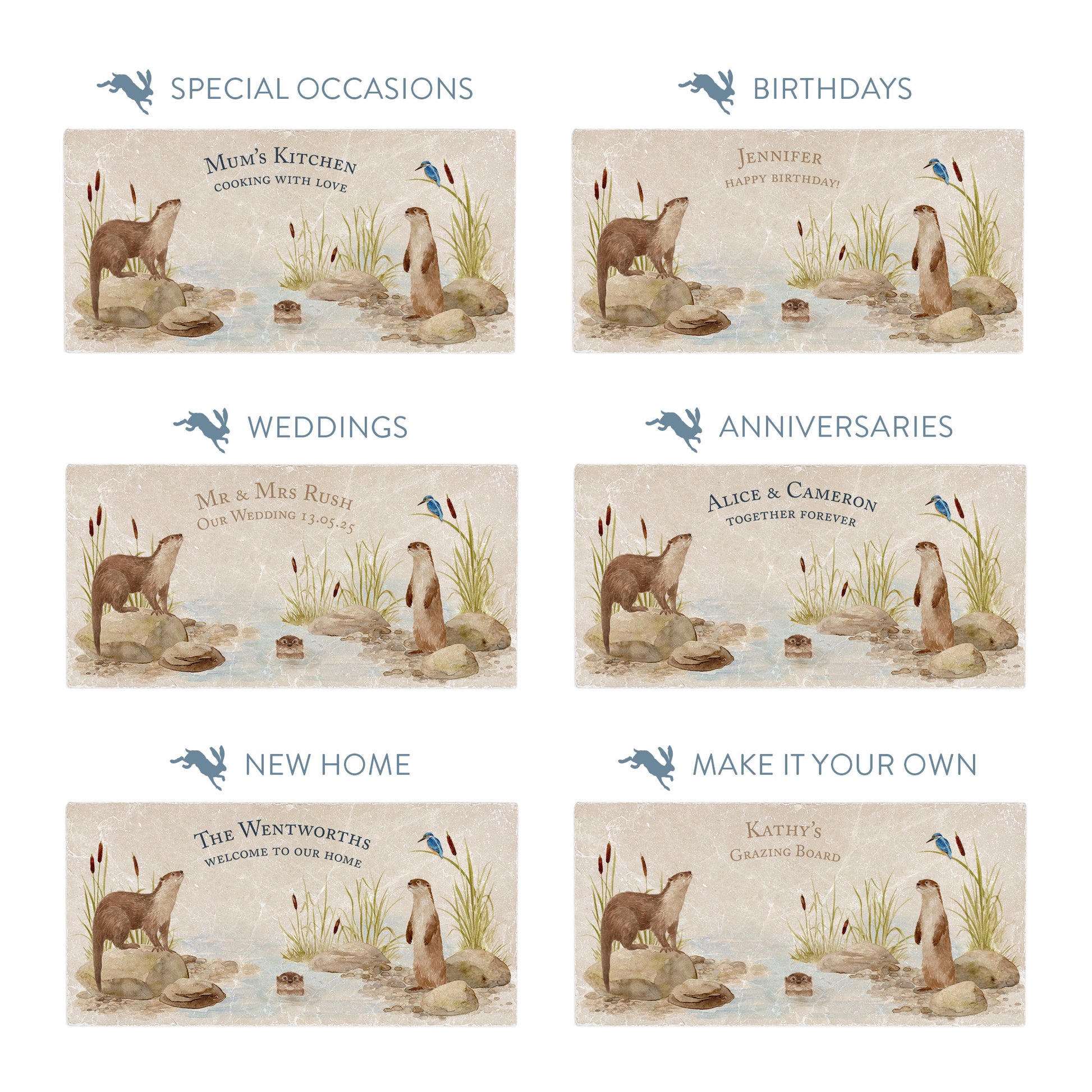 Collection of marble sharing platters showing the personalisation options available for all occasions including birthdays, weddings, anniversaries and new home gifts.