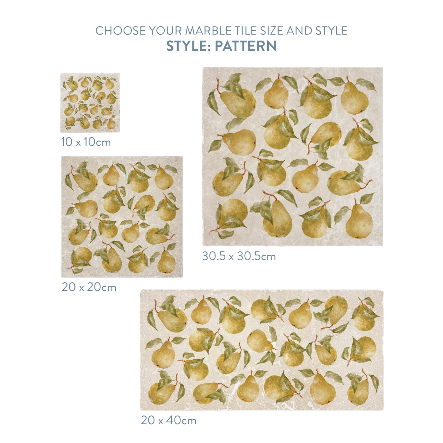 A selection of marble splashback tiles with a pear patten, the tiles are available in 4 sizes.