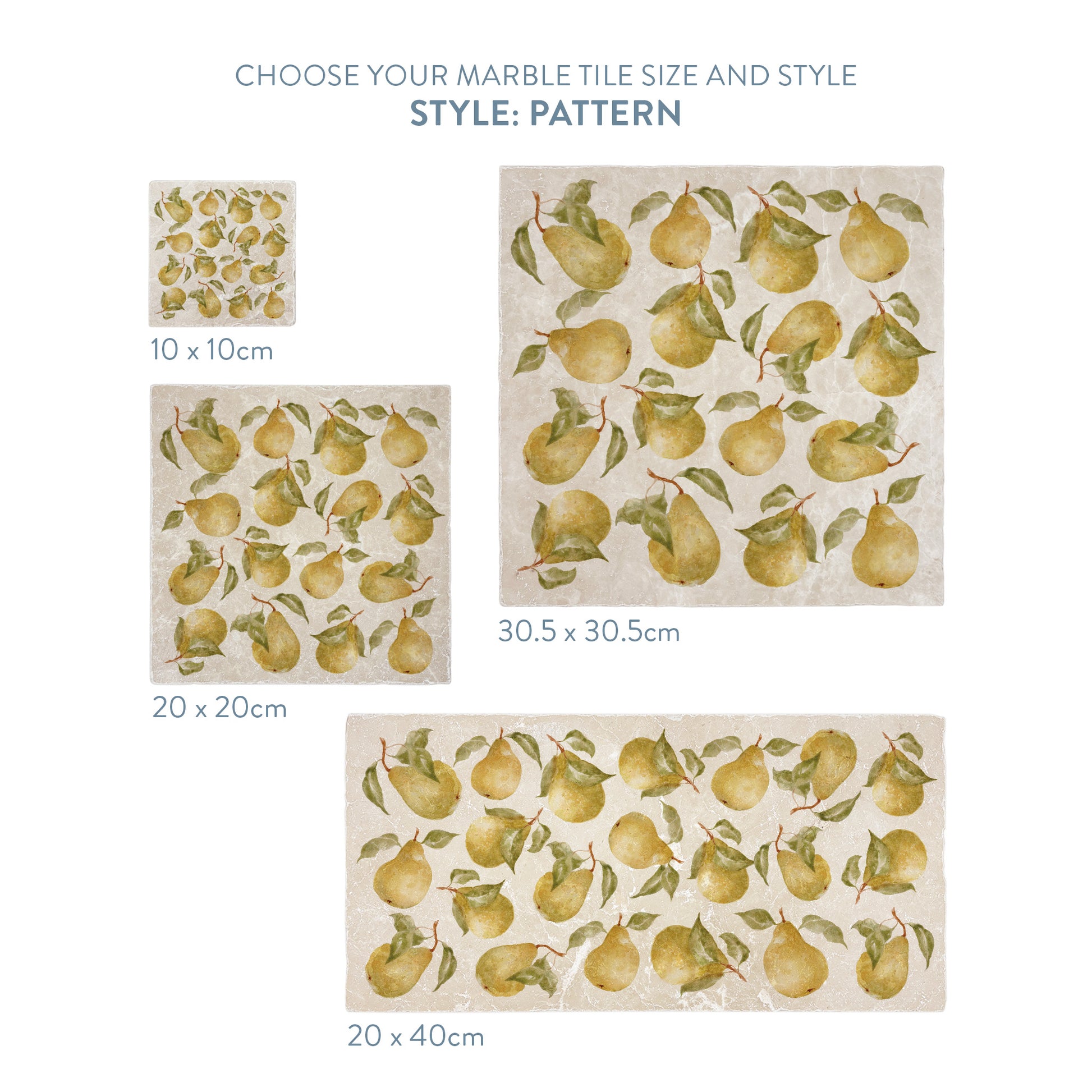 A selection of marble splashback tiles with a pear patten, the tiles are available in 4 sizes.
