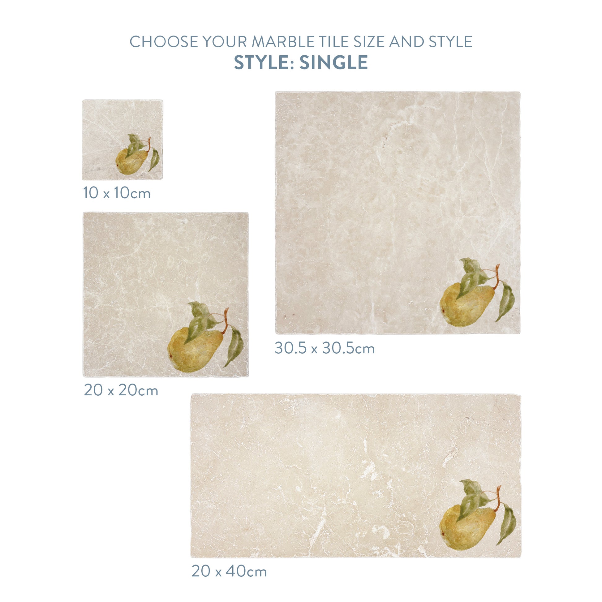 A selection of marble splashback tiles with a single pear motif, the tiles are available in 4 sizes.