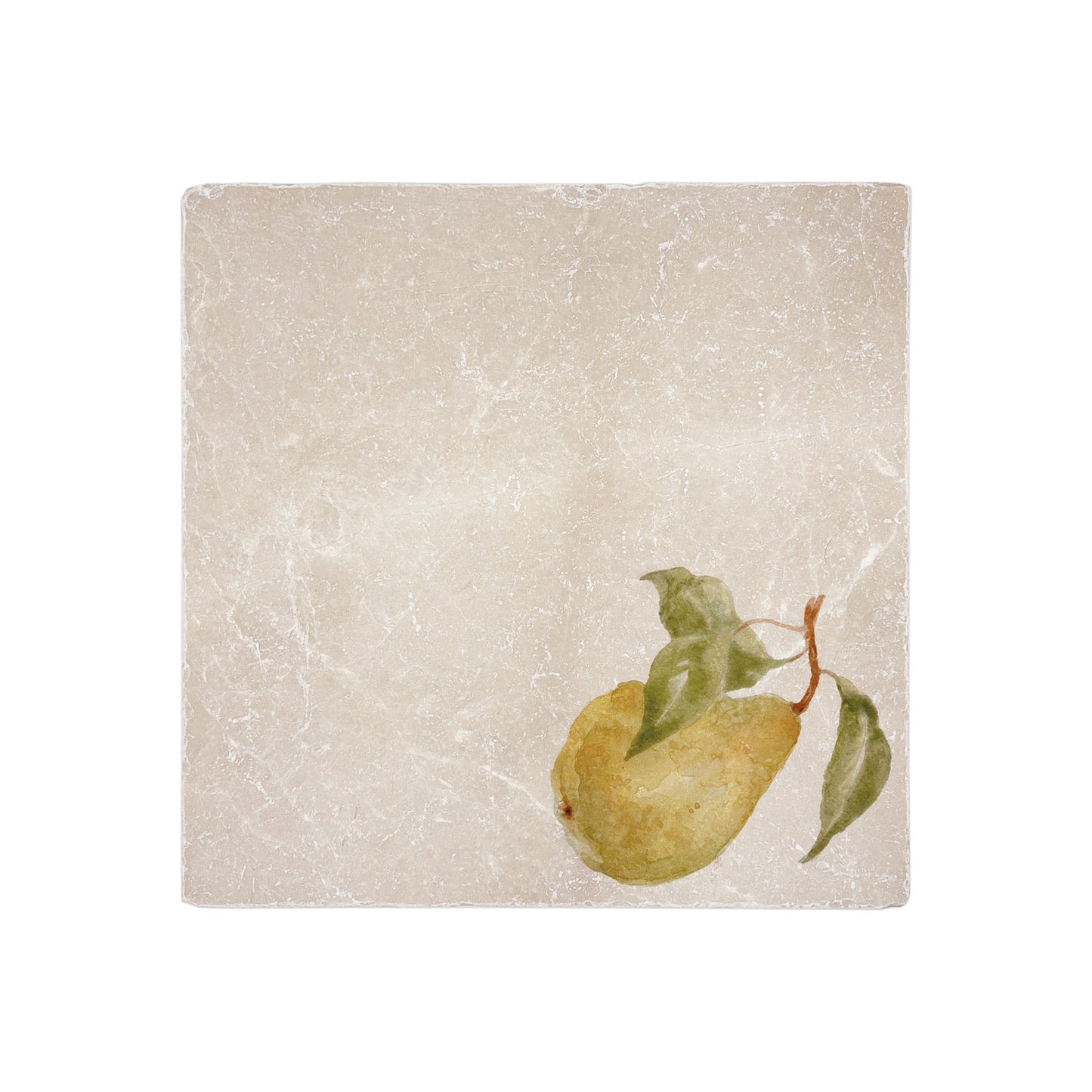 A table laid for an elegant dinner party in the garden, set with marble placemats and coasters that feature a watercolour pear design.