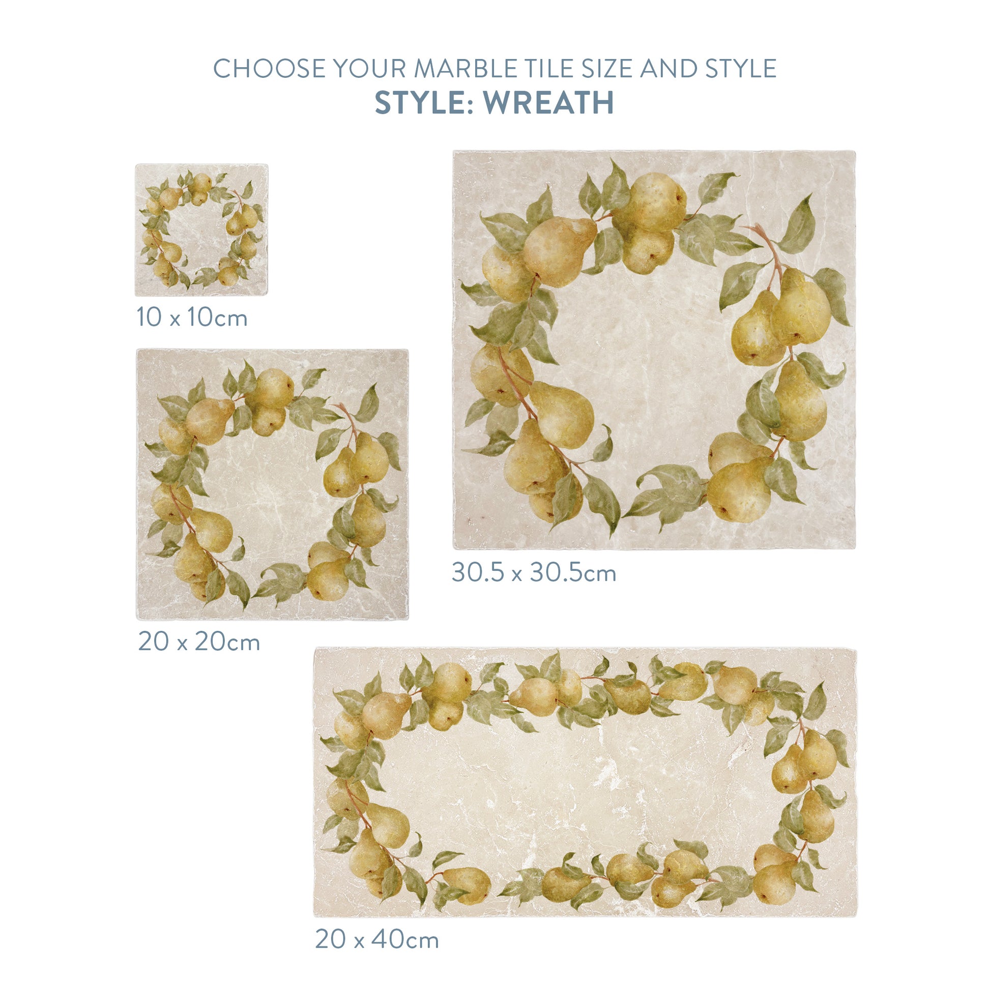 A selection of marble splashback tiles with a pear wreath design, the tiles are available in 4 sizes.