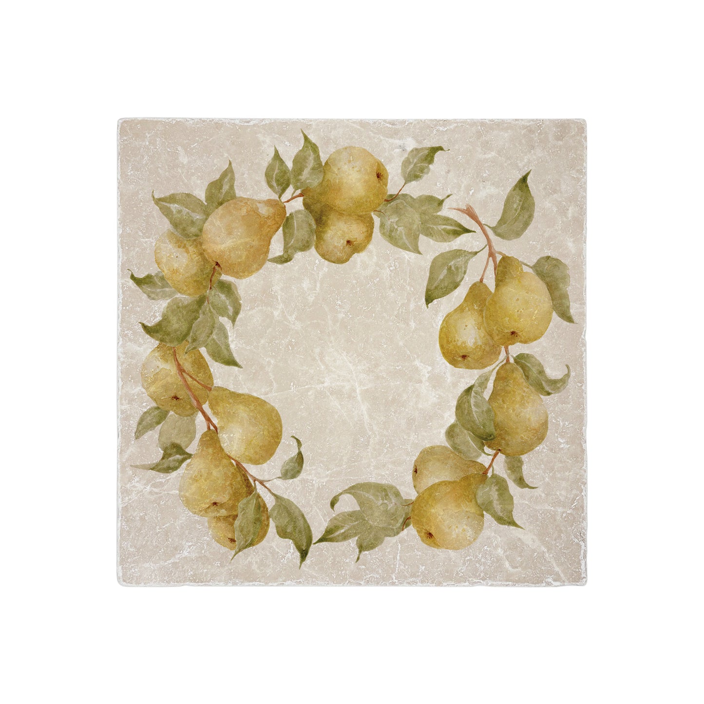 A medium square marble platter featuring a watercolour pear wreath design. The platter is set on a dinner table next to a marble placemat and coaster.