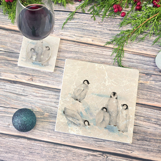 Beautiful Penguin family huddled together on our best selling medium platter they are in a snowy Antarctica the perfect gift.