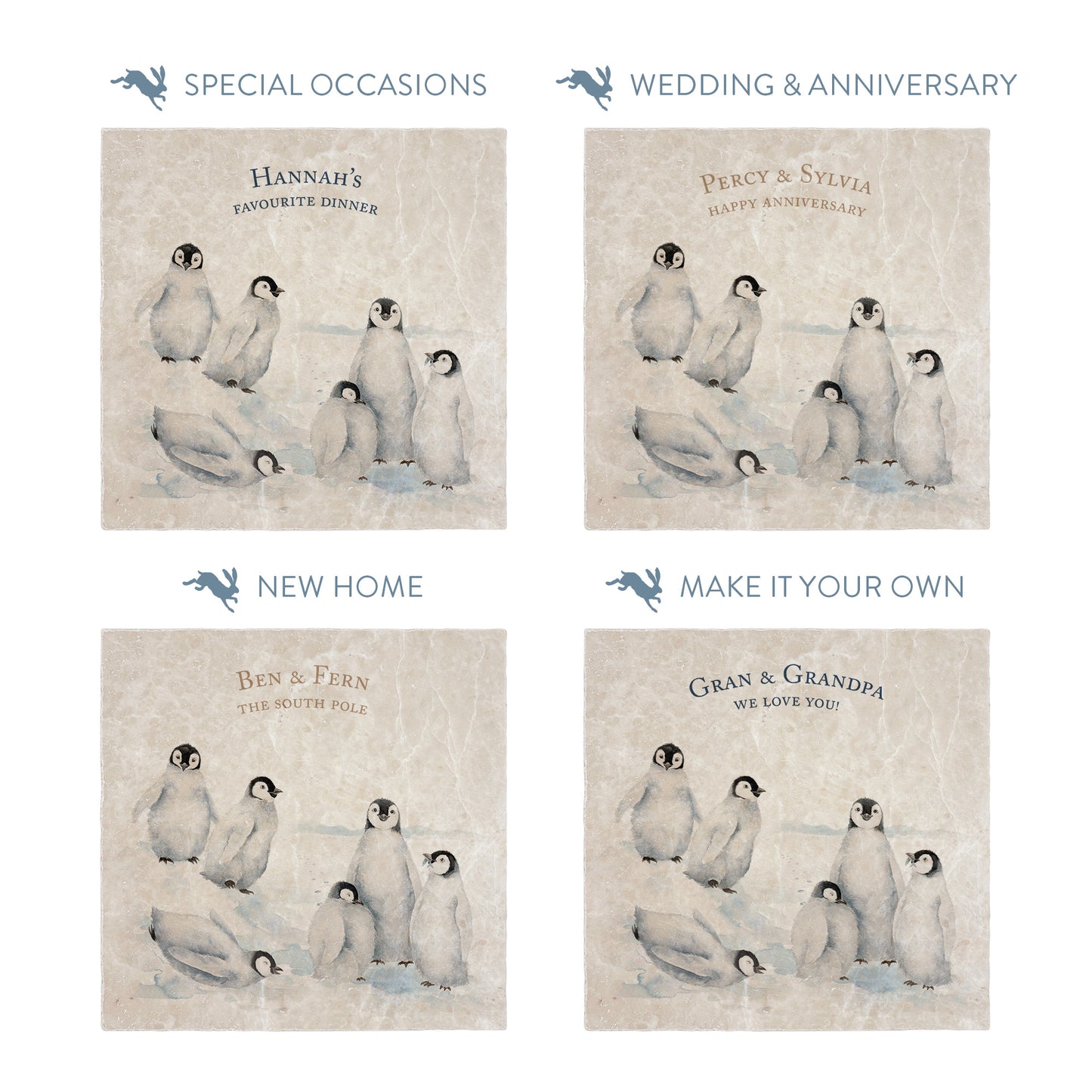 Collection of large marble platters showing the personalisation options available for all occasions including birthdays, weddings, anniversaries and new home gifts.